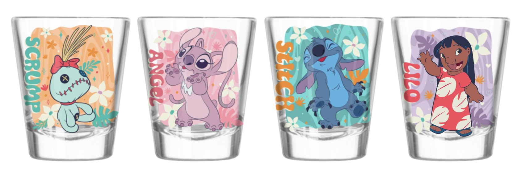 Silver Buffalo Disney Lilo and Stitch Tropical 4 Piece Mini Glass Set Featuring Lilo, Stitch, Angel, and Scrump, 1.5 Ounces