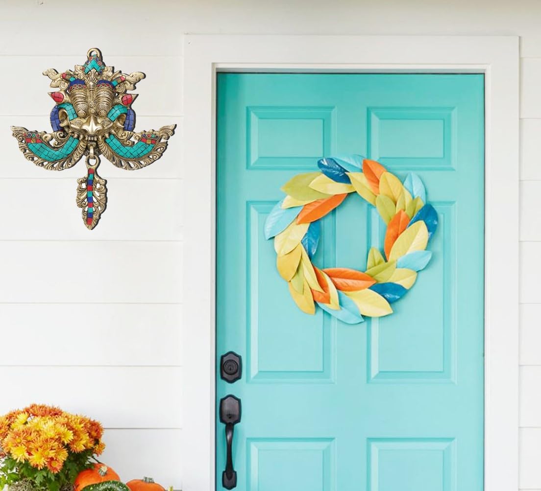 Svarup Brass Yali Face Kirtimukha Wall Hanging Mask With Ganesha Top Sculpture Evil Eye Protector Home Decor 11 Inch Multicolor