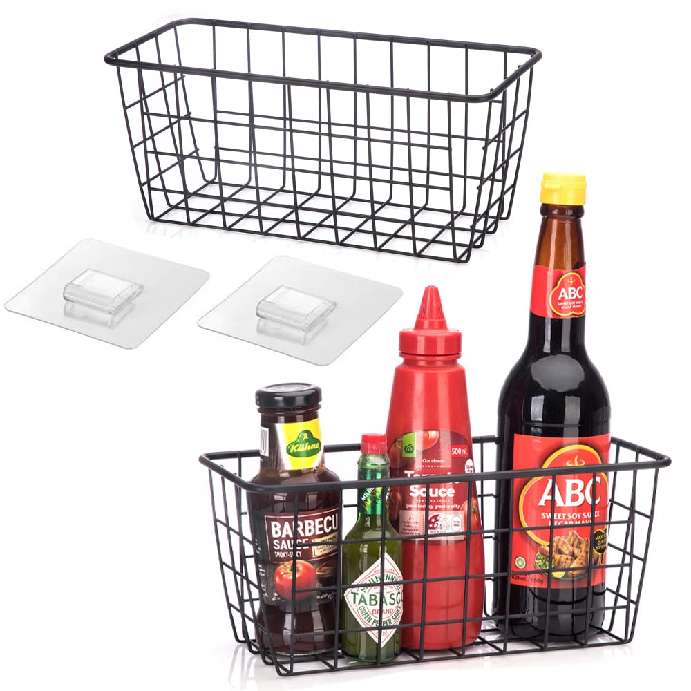 Hanging Kitchen Baskets Adhesive Sturdy Wire Storage Baskets With Kitchen Food Pantry Bathroom Shelf Storage No Drilling Wall Mo