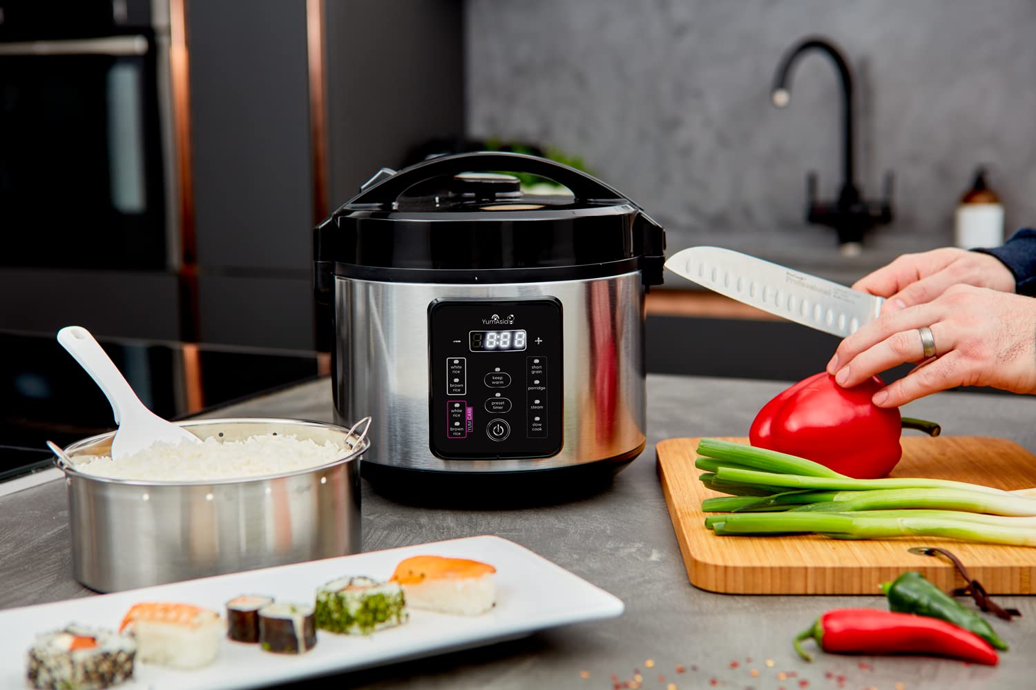 Yum Asia Kumo Rice Cooker, 5.5 Cups, Light Stainless Steel, Advanced Fuzzy Logic, Model YUM-EY10LUS, 5 Cooking Functions