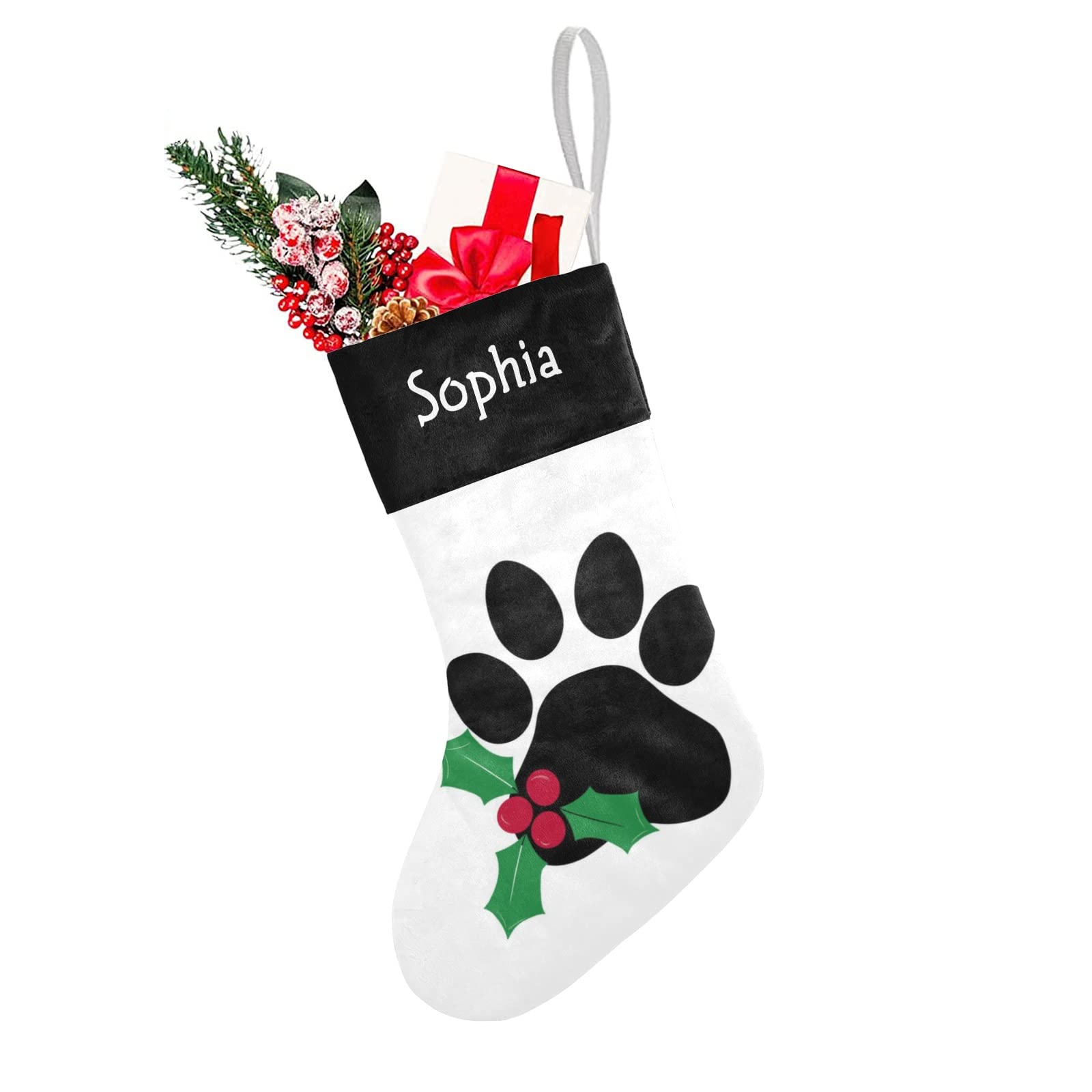 SunFancyCustom Personalized Name Christmas Paw Christmas Stockings Text Custom Xmas Holiday Pup Dog Gift Decor 17.52 x 7.87 Inch