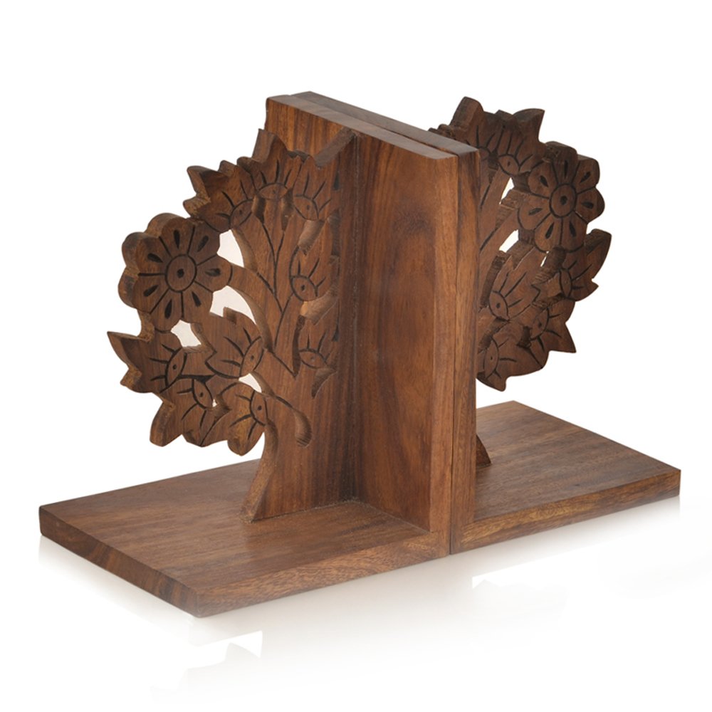 Exclusivelane Engraved Tree Handcrafted Wooden Book Ends For Shelf (Sheesham Wood) | Bookends For Heavy Books Shelf For Home B