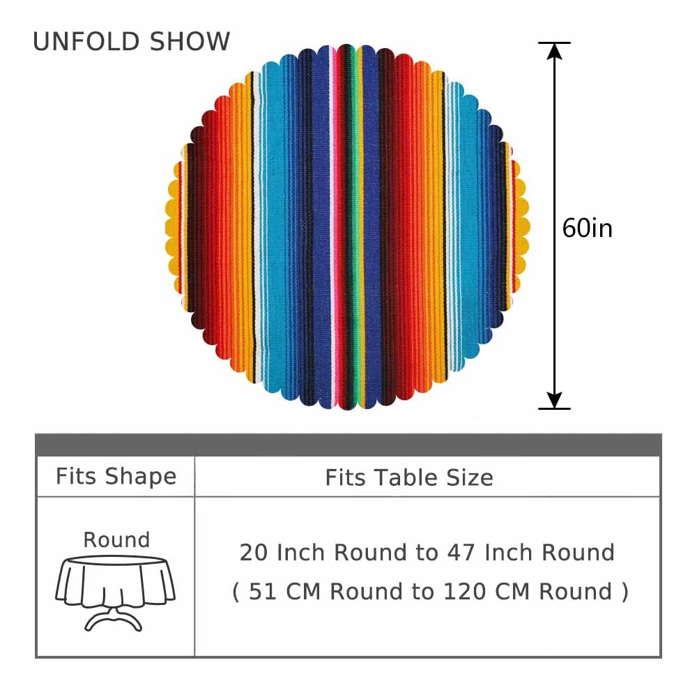 Aoyego Colorful Mexican Table Cloth Stripes Lines Native Art Feature Bright Round Tablecloth 60 Inch For Dining Room, Party, Ban