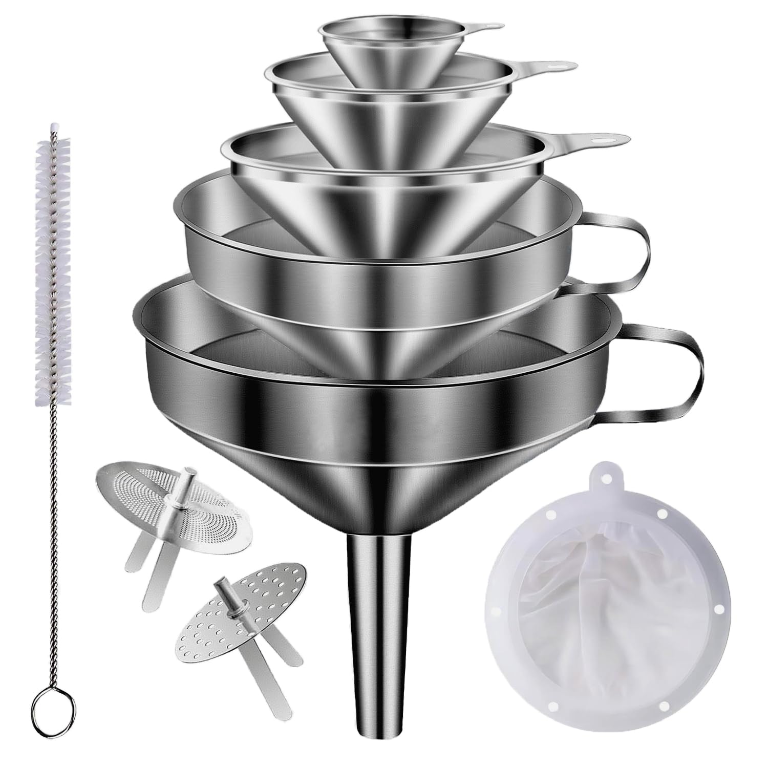 Lmoszuak Stainless Steel Funnels for Kitchen use,5 Different Sizes of Kitchen funnels,Metal Funnel with 2 Removable Strainer,Cle