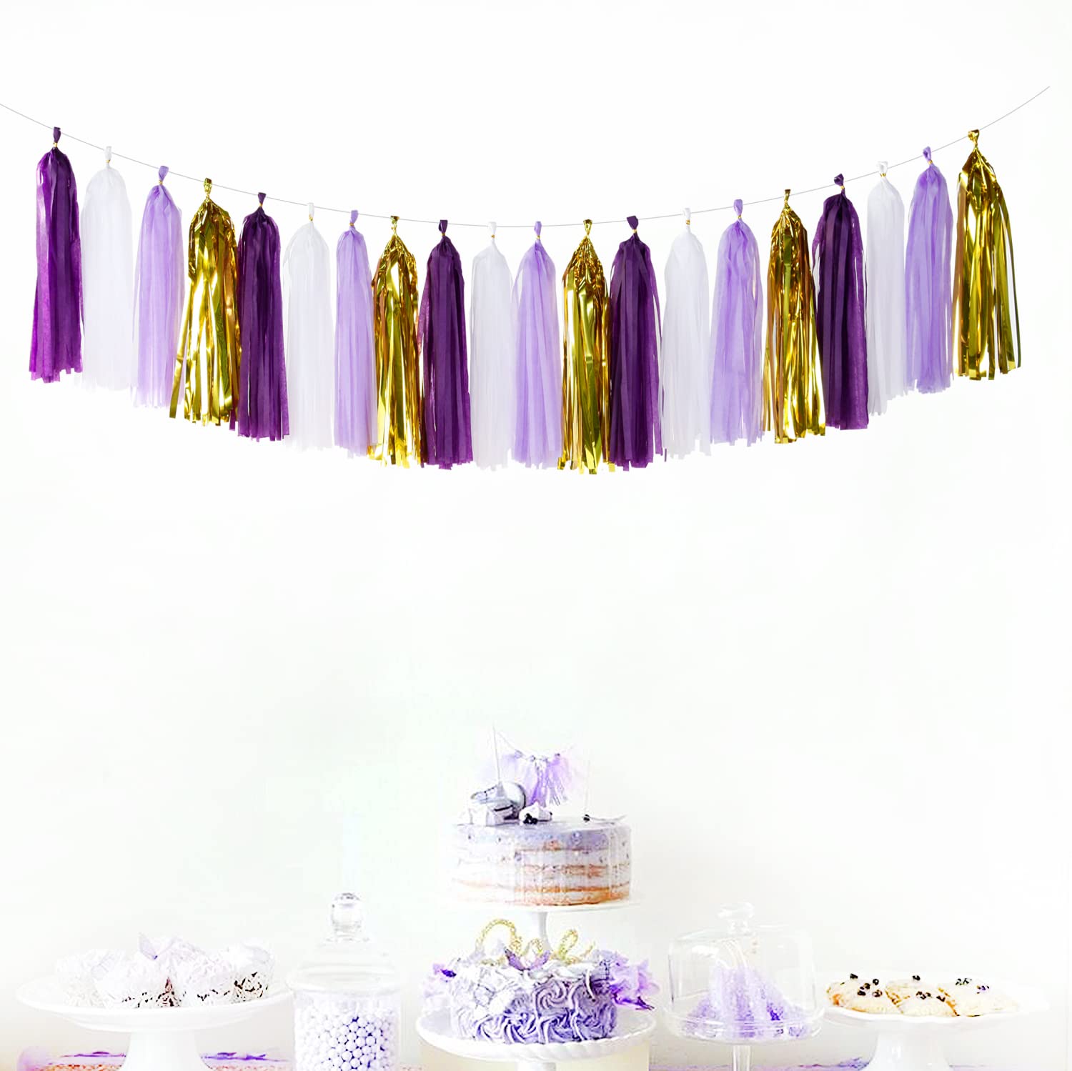 Purple-Gold Party Decoration Tassel Garland - 20pcs Lavender White Gold Birthday Party Supplies Tassels Banner Women Girls Weddi