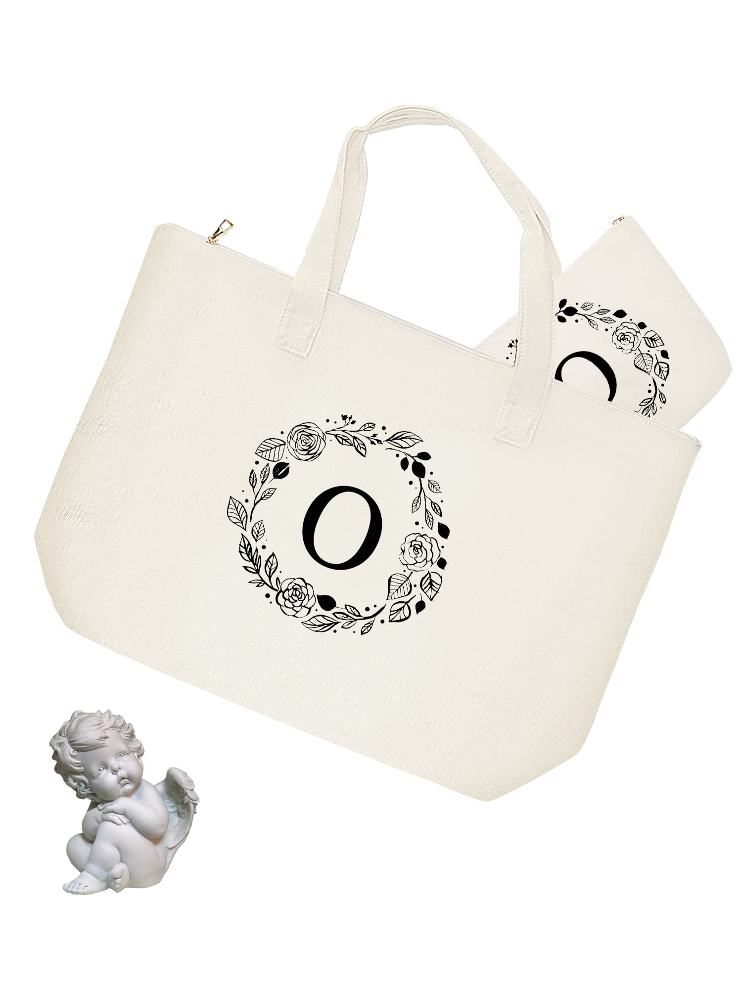 Binggemen Personalized Initial Canvas Tote Bag With Zipper, Present Bag With Inner Pocket & Make Up Bag, Great Gifts For Women,