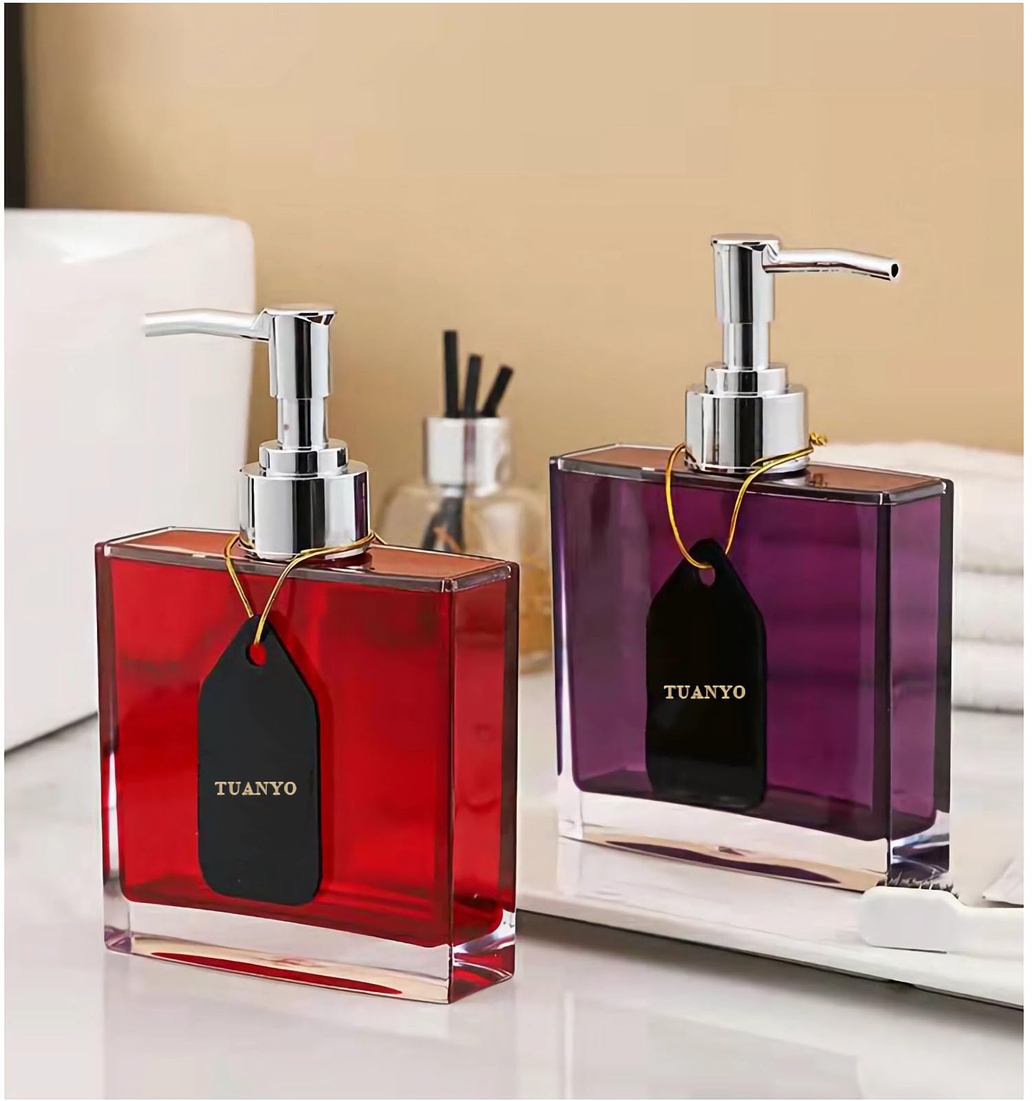 Tuanyo Red Bathroom Accessories Set - 5 Pcs Acrylic Bathroom Accessory Set - Toothbrush Holder, 2 Toothbrush Cups,Soap Dispenser