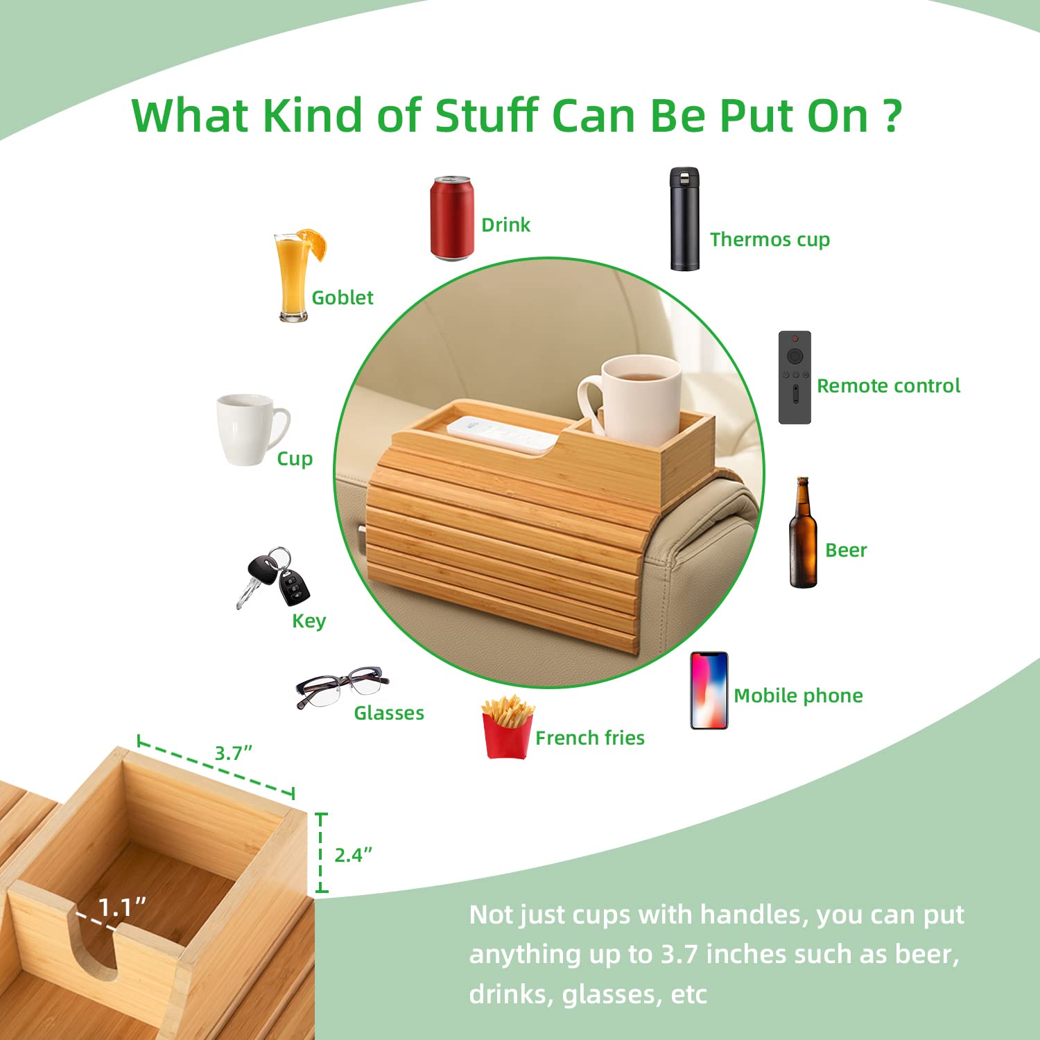 GEHE Bamboo Couch Cup Holder, Anti-Spill Arm Tray for Drinks & Snacks, Easy to Clean, Model GE009, A Size