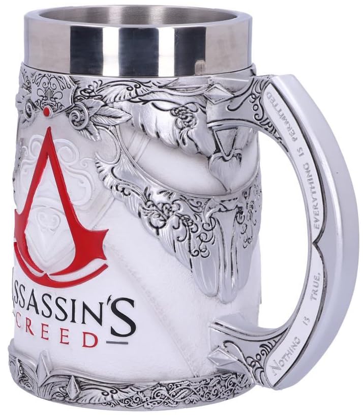 Nemesis Now Assassin's Creed Tankard - Hand-Painted Resin Beer Mug with Stainless Steel Insert, 15.5cm, White