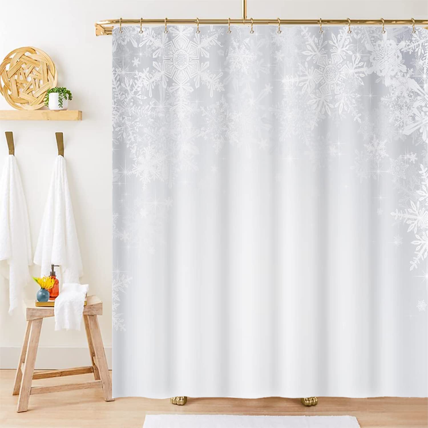 Lfeey 72X78 Inch Winter Holiday Shower Curtain Christmas Theme White Sparkle Snowflakes Bathroom Curtain Polyester Fabric Waterp