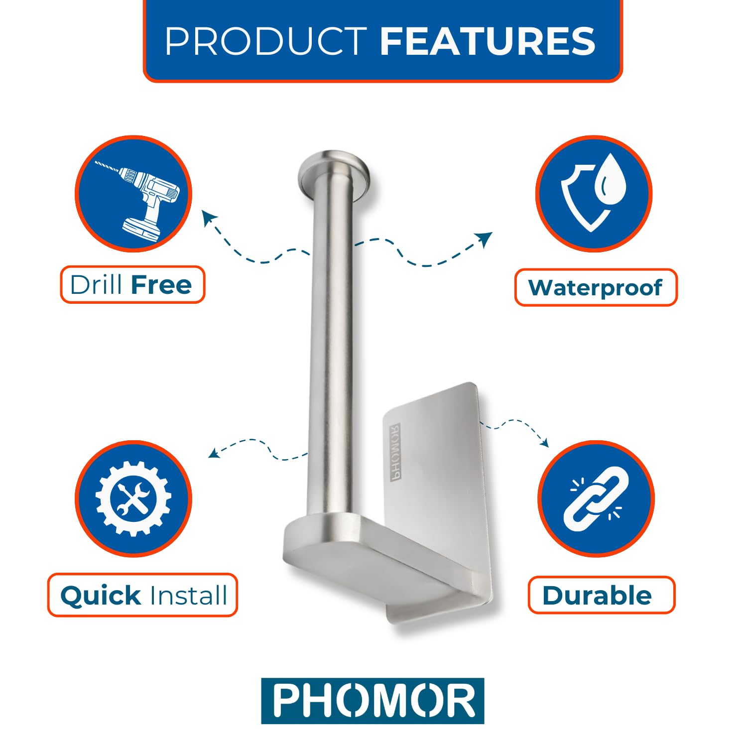 Phomor Self-Adhesive Toilet Paper Holder: No Drilling, Stainless Steel, Brushed, Silver Finish, Rust And Water Resistance