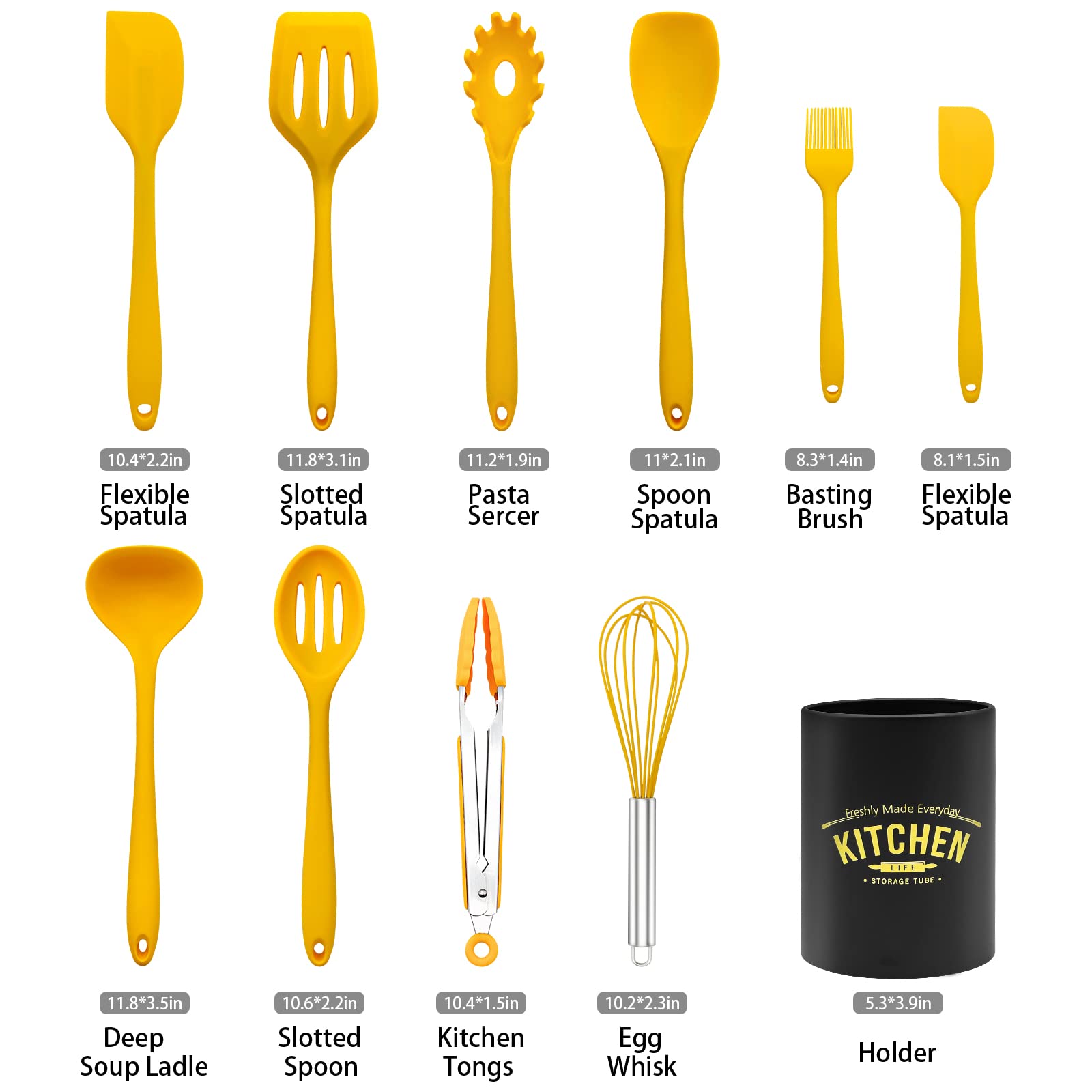 11 Piece Cooking Kitchen Utensils Set, Yellow Cooking Utensils Set, Non-Stick Silicone Spatula Set With Iron Utensils Holder, Si