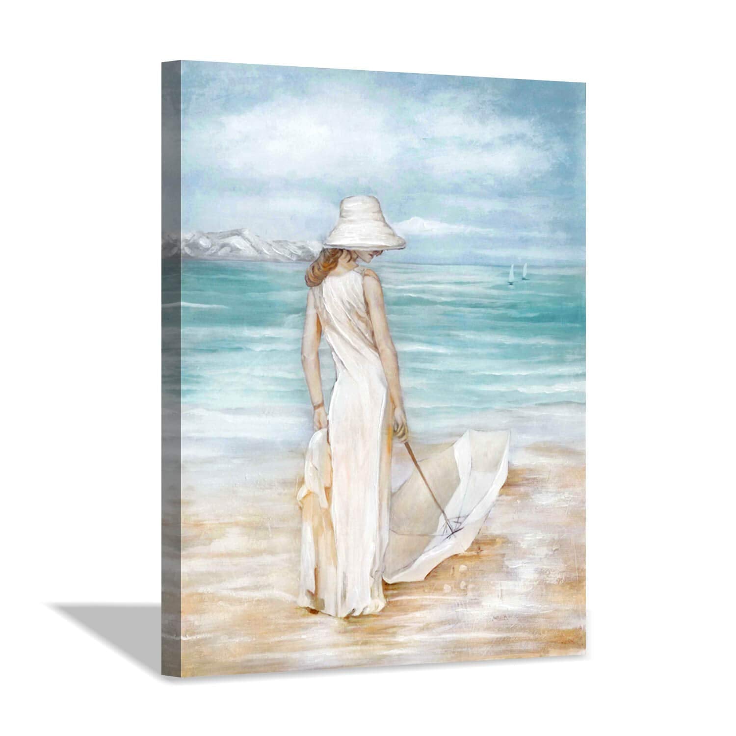 Abstract Beach Artwork Ocean Picture: Modern Women & Umbrella Sea Print Coastal Wall Art On Canvas For Bedroom (16    X 12    X1