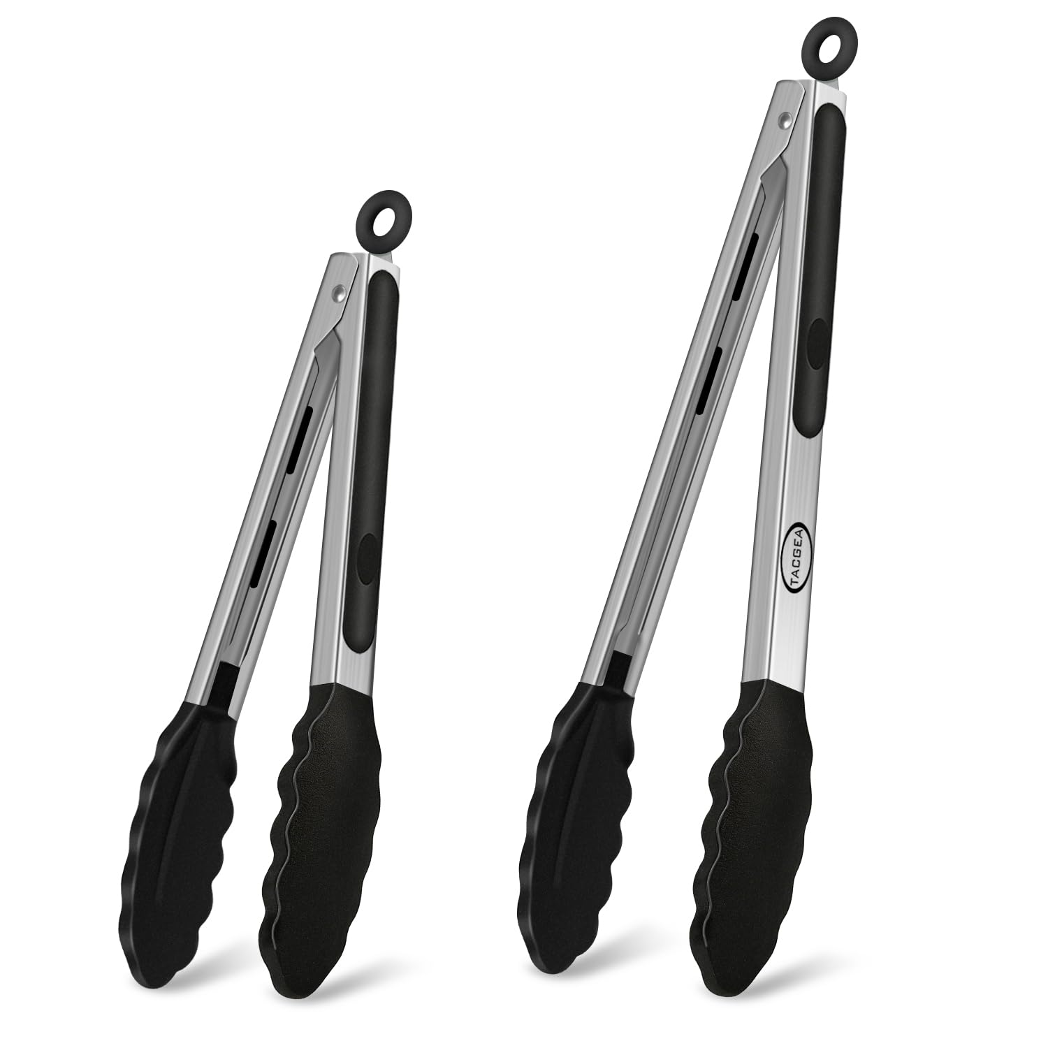 TACGEA Stainless Steel Kitchen Tongs with Silicone Tips, Locking Grilling Food Tongs, 9 and 12, Set of 2 Black