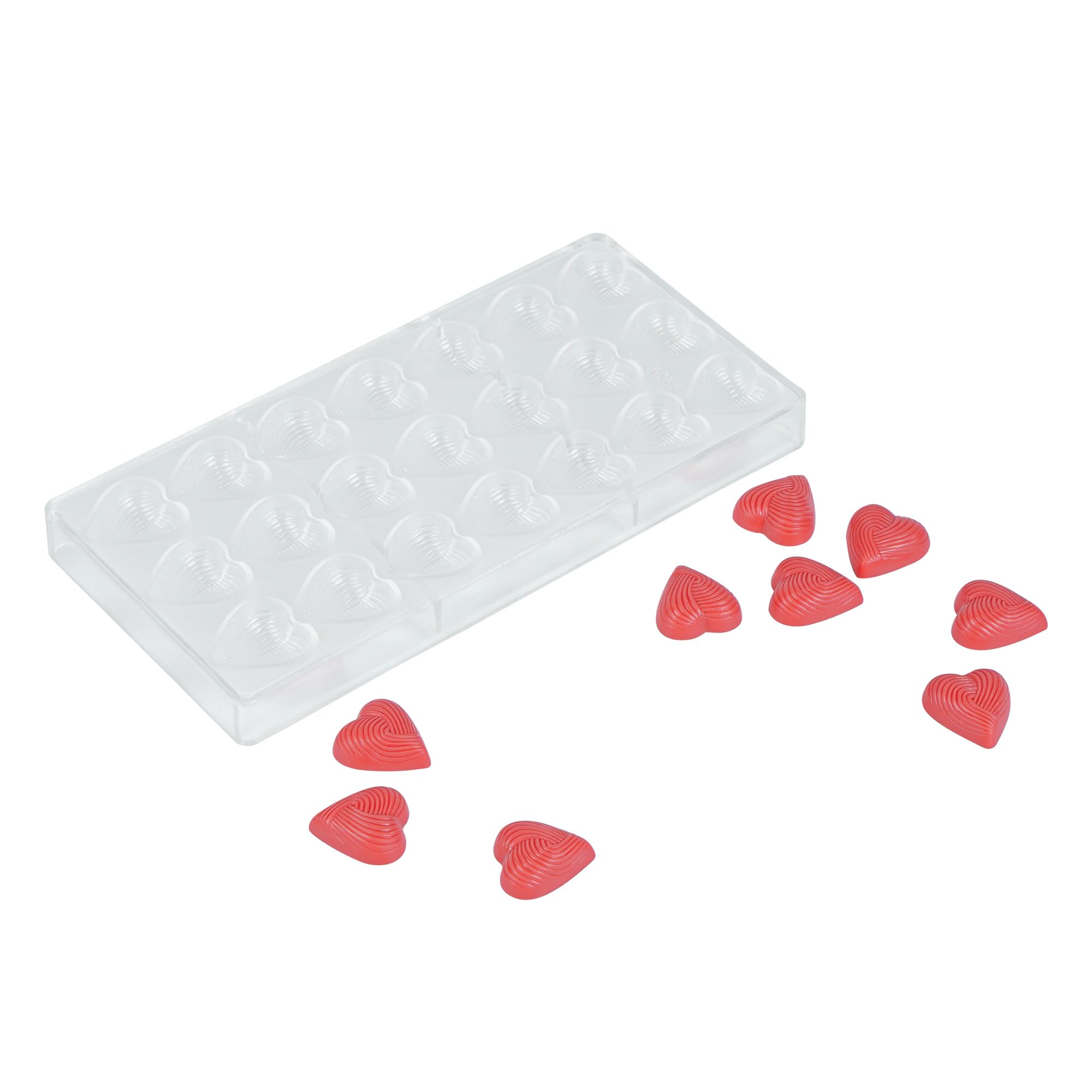 Restaurantware Pastry Tek 10.8 x 5.3 Inch Chocolate Shaping Mold 1 Freezable Candy Mold - 21 Cavities Heart-Shaped Clear Polycar
