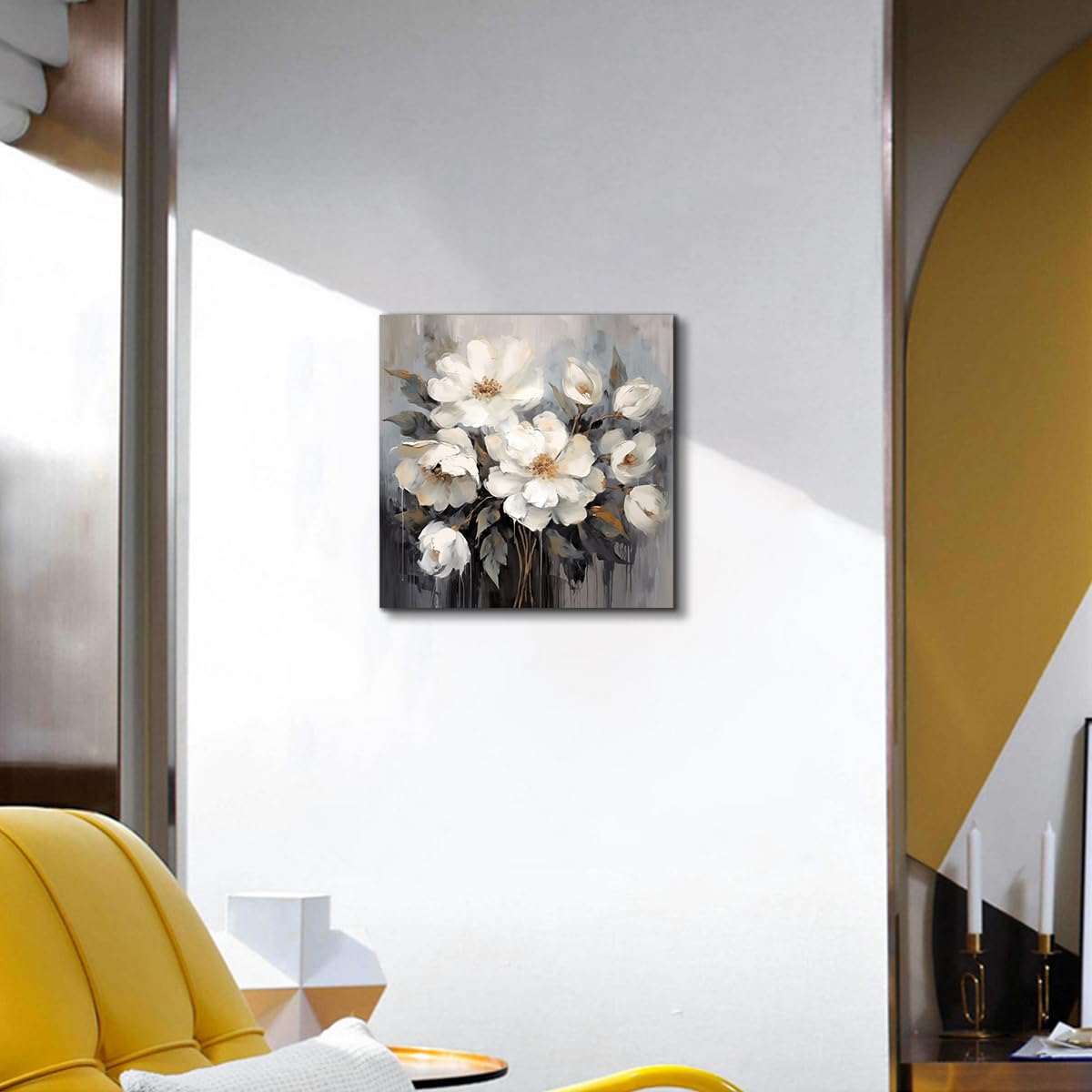 Anzhongart Bathroom Wall Art, Flower Wall Art,Floral Canvas Wall Art, Big Wall Art White And Gray Flower Decoration,Bedroom Offi