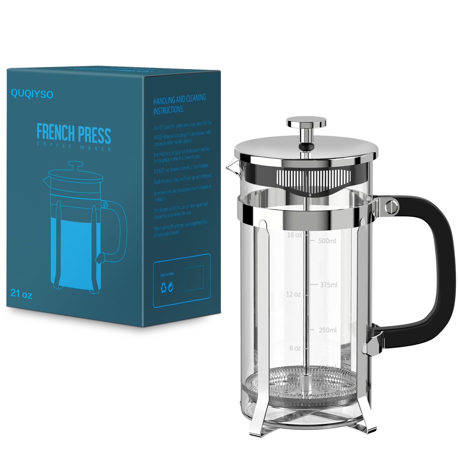QUQIYSO French Press Coffee Maker, 21oz Borosilicate Glass, Silver, Heat Resistant, Easy to Clean, 4 Filters, BPA Free
