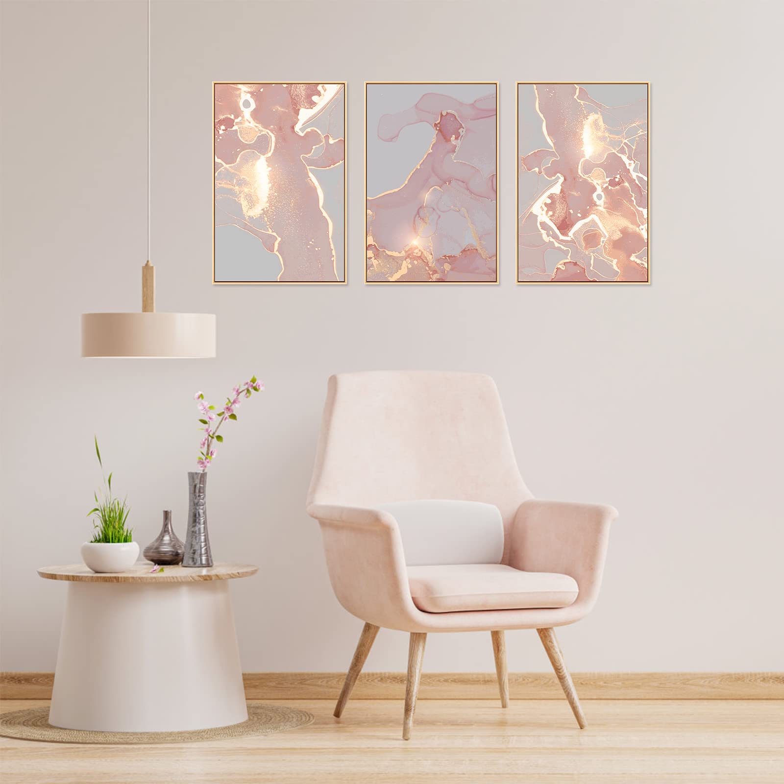 MOUDAMION Pink and Rose Gold Wall Decor  Abstract Canvas Wall Art Aesthetic Luxury Framed Wall Painting Picture Glitter Gold Blush Marble Print Artwork for Living Room Bedroom Kitchen Bathroom Office
