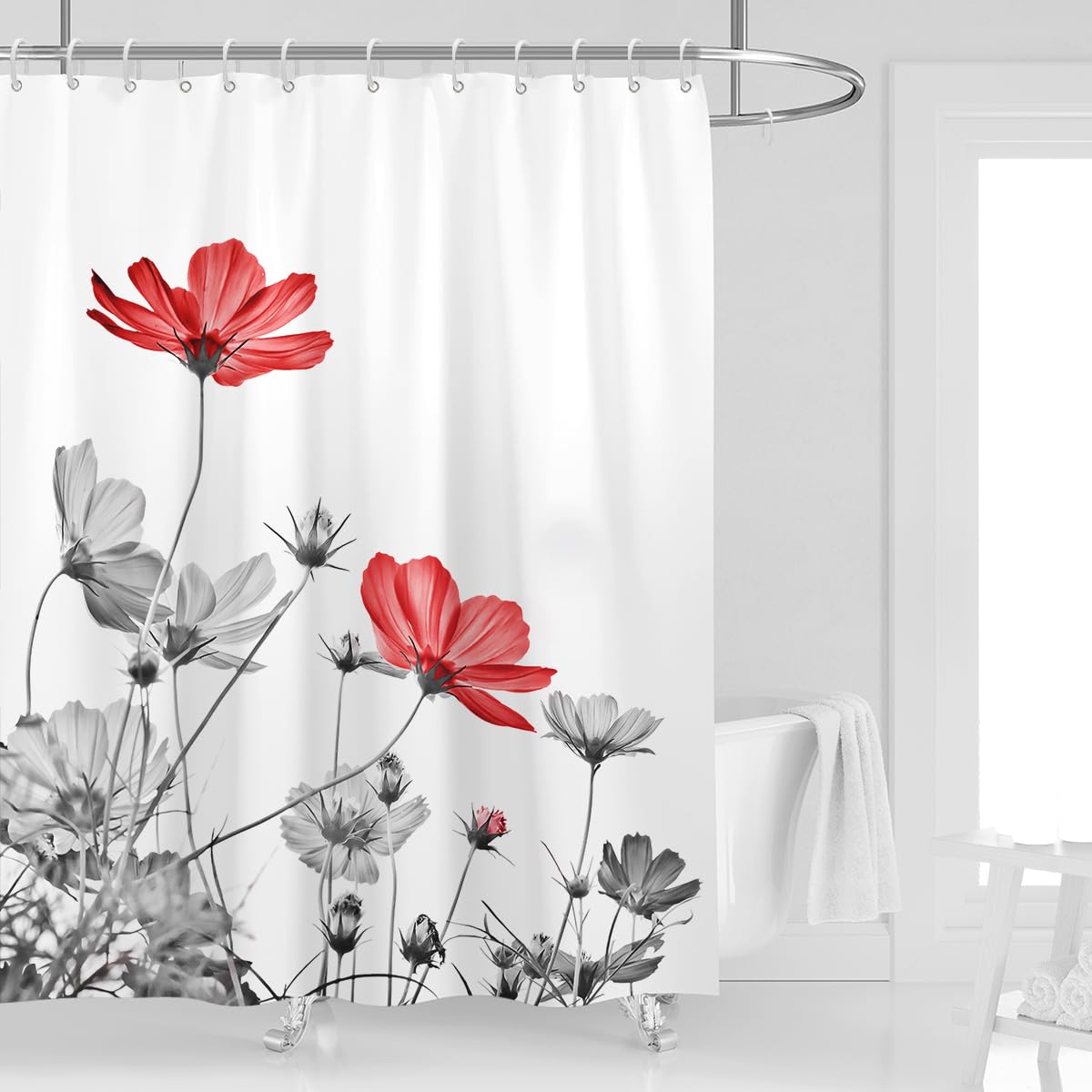 Kikiry Red Gray Flower Shower Curtain 72''W X 72''L White Grey Daisy Floral Ink Painting Botanical Simple Elegance Bathroom Curt