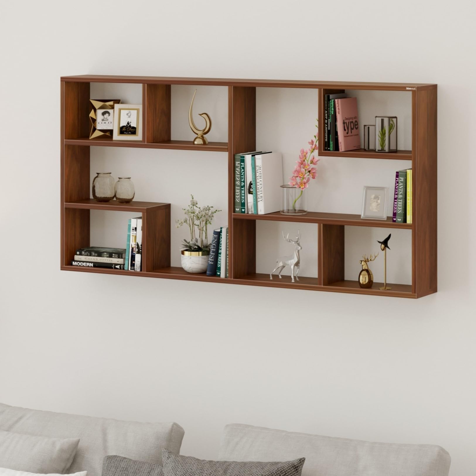 Bluewud Petree Engineered Wood Wall Decor Floating Shelf Display Rack Decorative Hall Dcor For Living Room Home Furniture (Brown