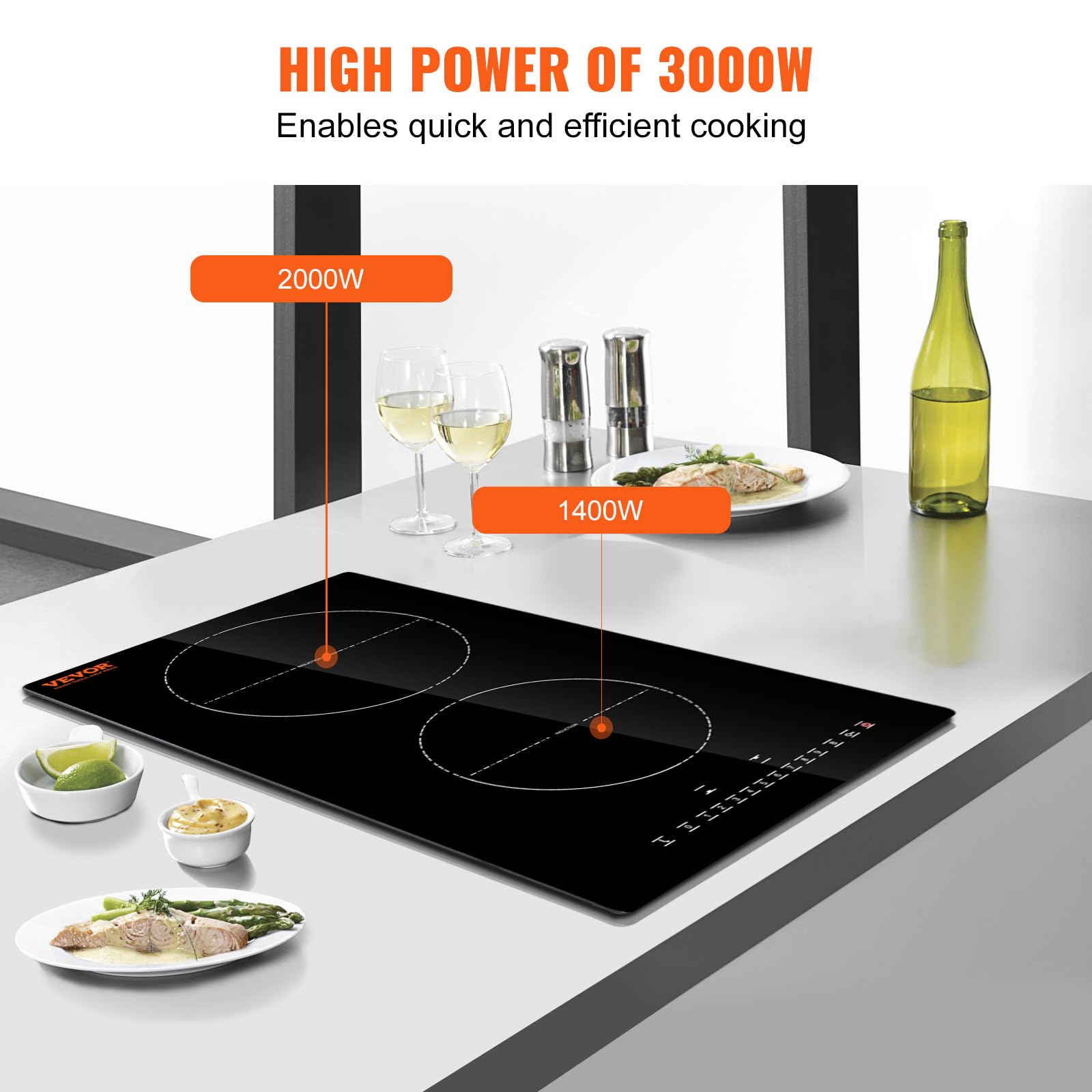 Vevor Built-In Induction Electric Stove Top 12 Inch,2 Burners Electric Cooktop,9 Power Levels & Sensor Touch Control,Easy To Cle