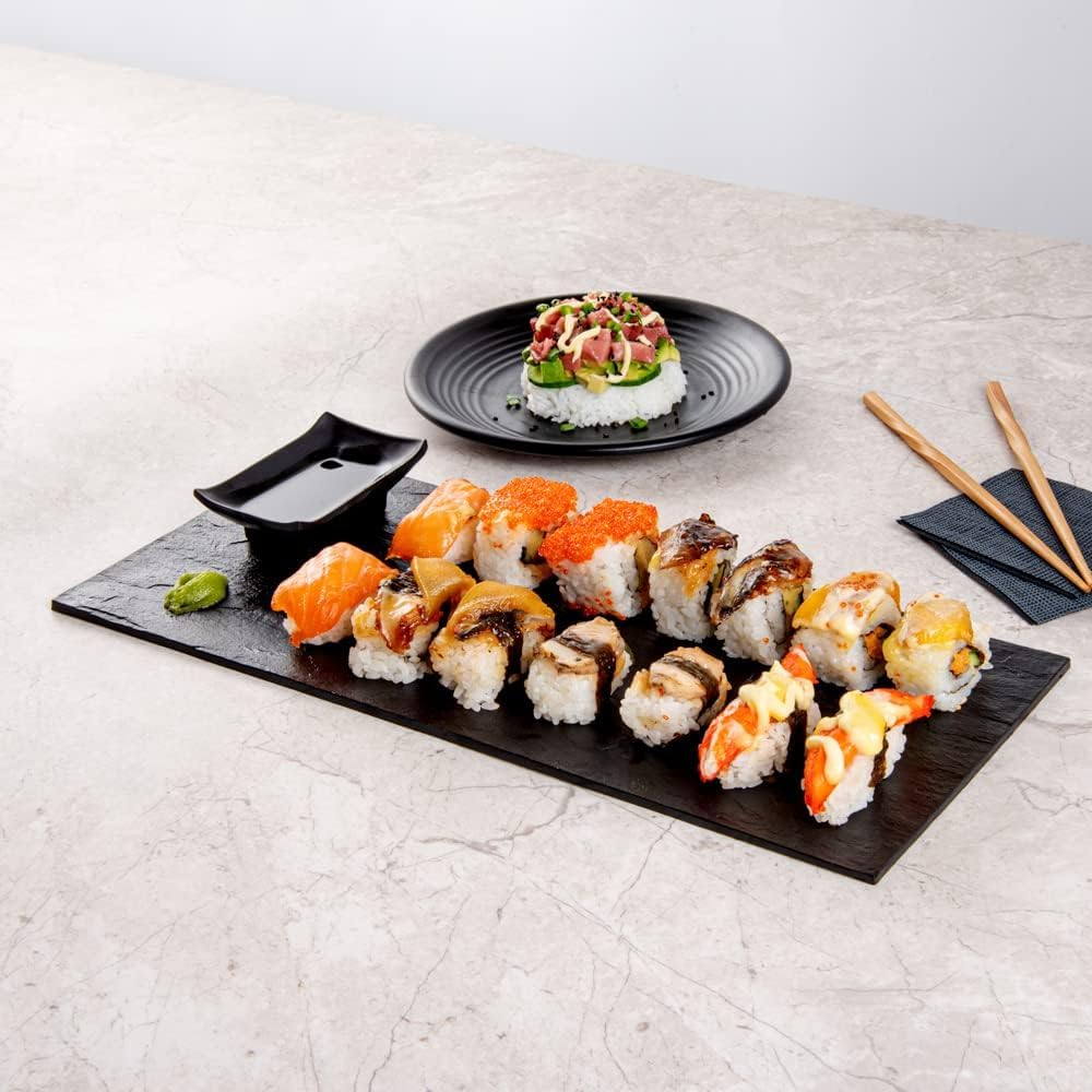 Restaurantware 16 X 7 Inch Serving Plates 25 Rectangle Charcuterie Boards - Premium Mimics The Look Of Slate Black Plastic Servi