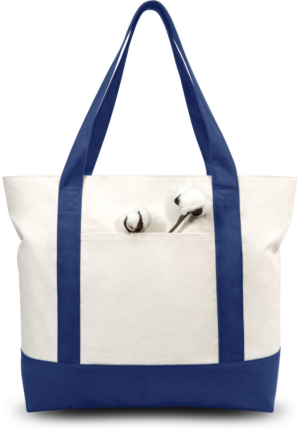 Topdesign 3-Pack Stylish Canvas Tote Bag With An External Pocket, Top Zipper Closure, Daily Essentials (Blue/Natural)