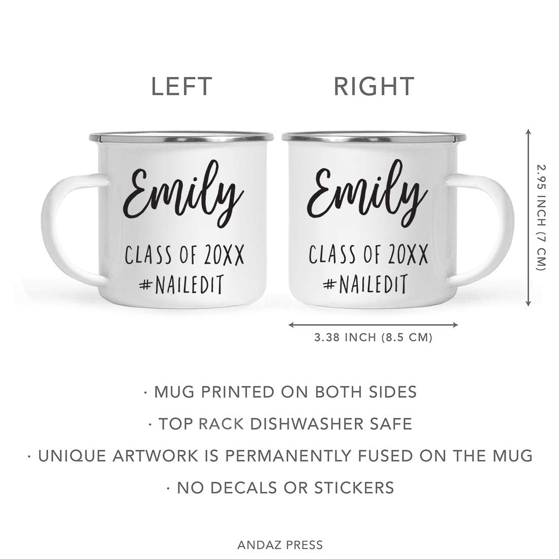 Andaz Press Personalized Custom 11Oz. Graduation Stainless Steel Campfire Coffee Mug Gift, Emily Class Of 2024# Nailedit, 1-Pack