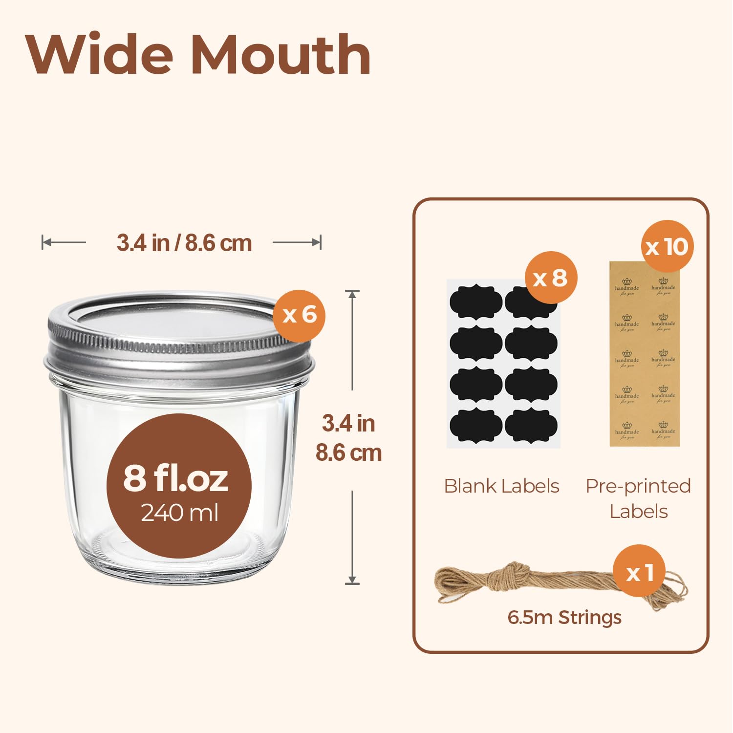ComSaf Wide Mouth 8 oz Mason Jars with Lids, 6 Pcs Small Mason Containers, Canning Jars, 8oz Glass Jar with Lid, Canning Jars fo