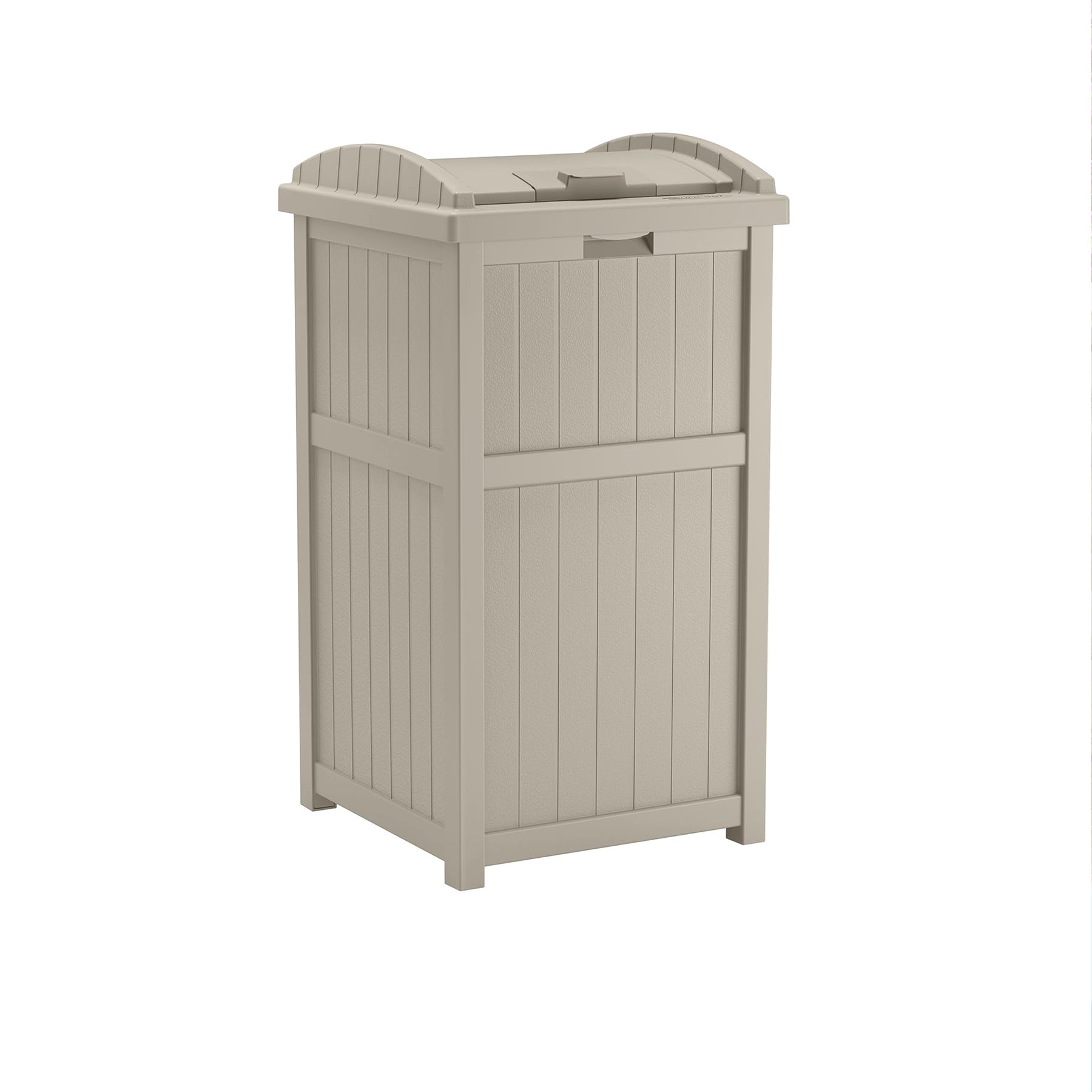 Suncast 33 Gallon Hideaway Trash Can For Patio - Resin Outdoor Trash With Lid - Use In Backyard, Deck, Or Patio - Taupe