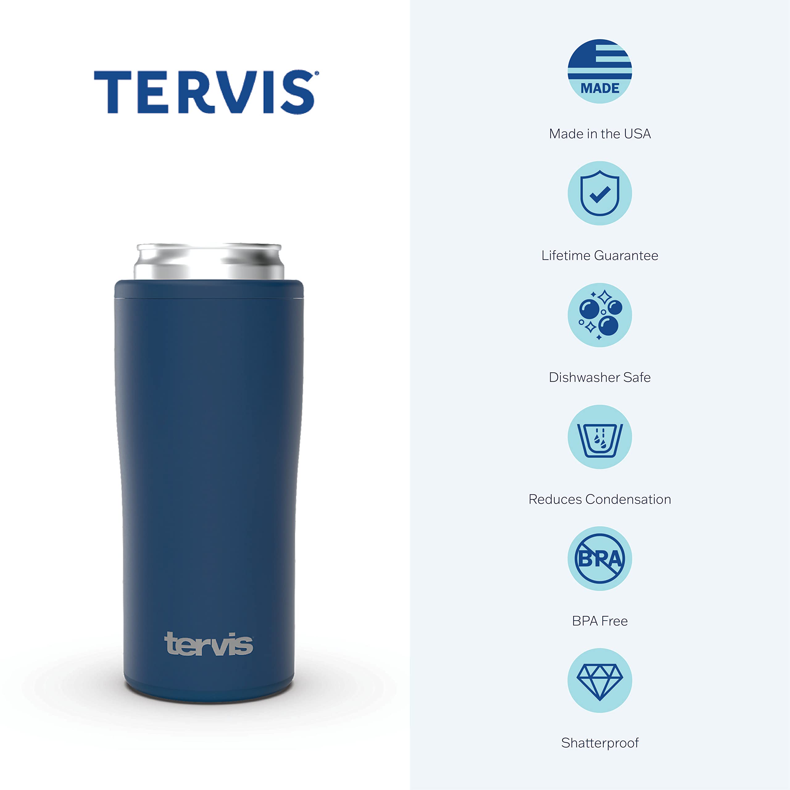 Tervis Deepwater Blue Powder Coated Triple Walled Insulated Tumbler Cup Keeps Drinks Cold & Hot, 12Oz Slim Can Cooler, Deepwater