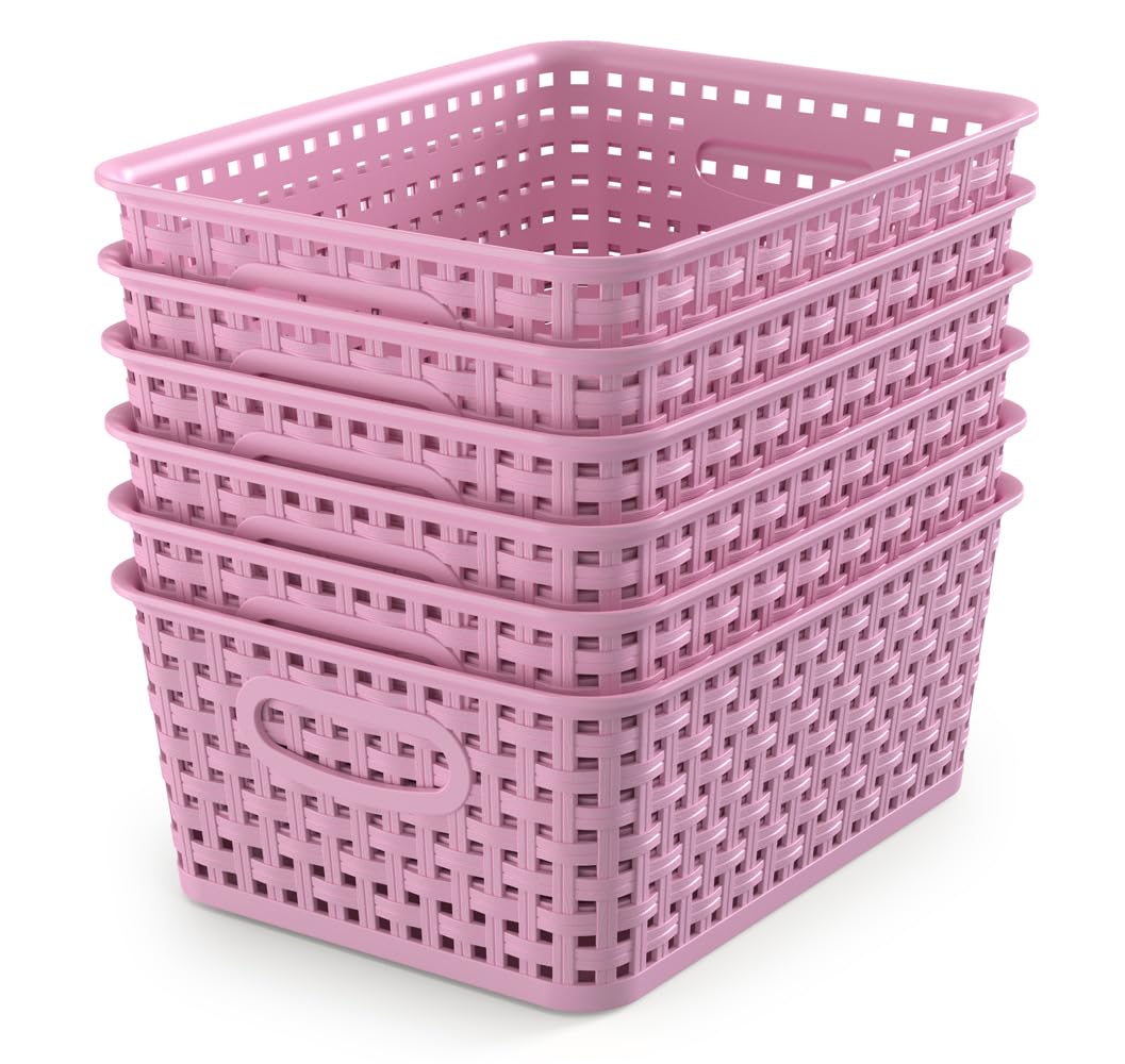 Wyt 6-Pack Plastic Small Shelf Storage Weave Baskets Organizing For Cabinets And Pantries, Lavender Purple