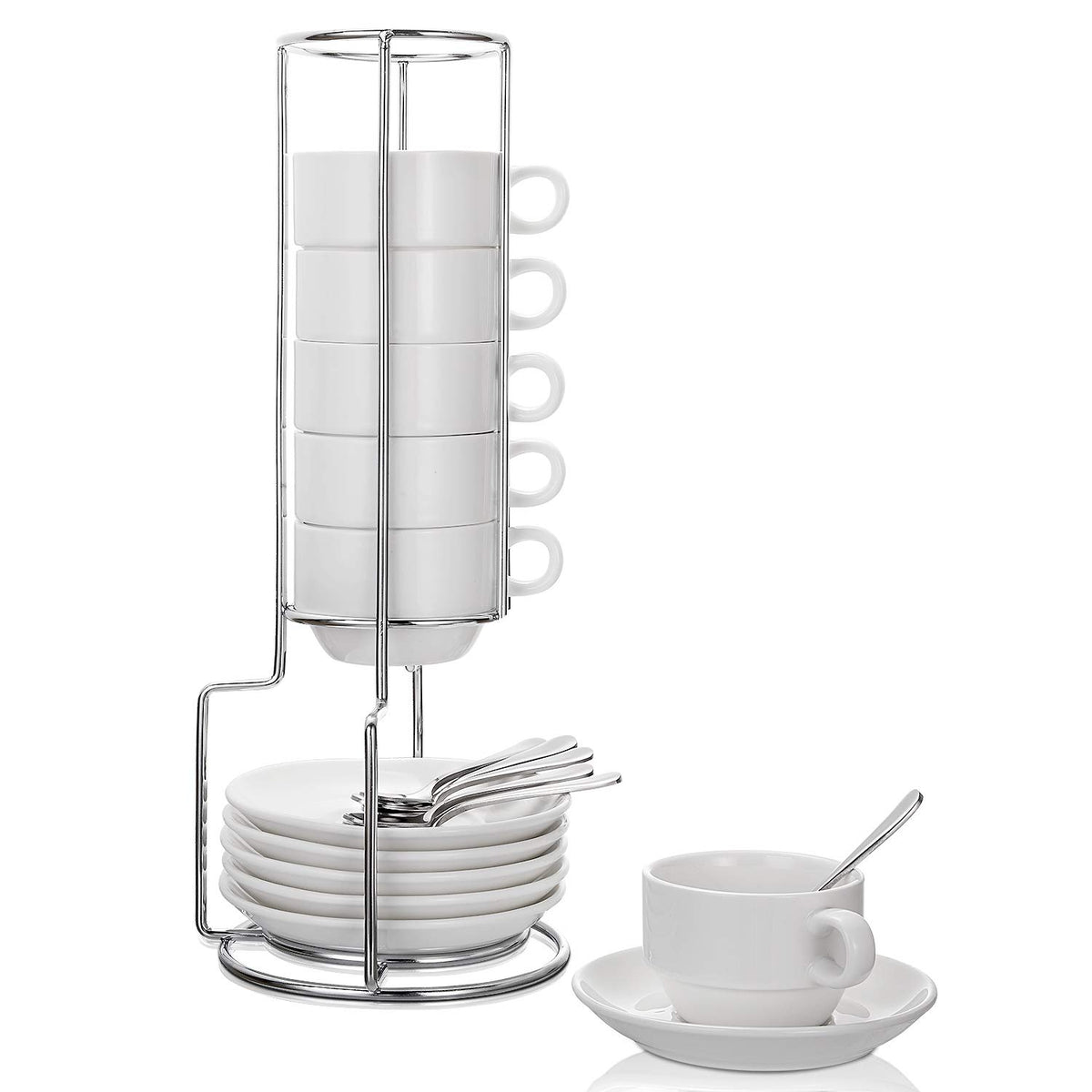 Aozita Espresso Cups And Saucers With Spoons, Stand Rack, 19-Piece Porcelain Stackable Mugs, 2.5-Ounce Demitasse Cups For Latte,
