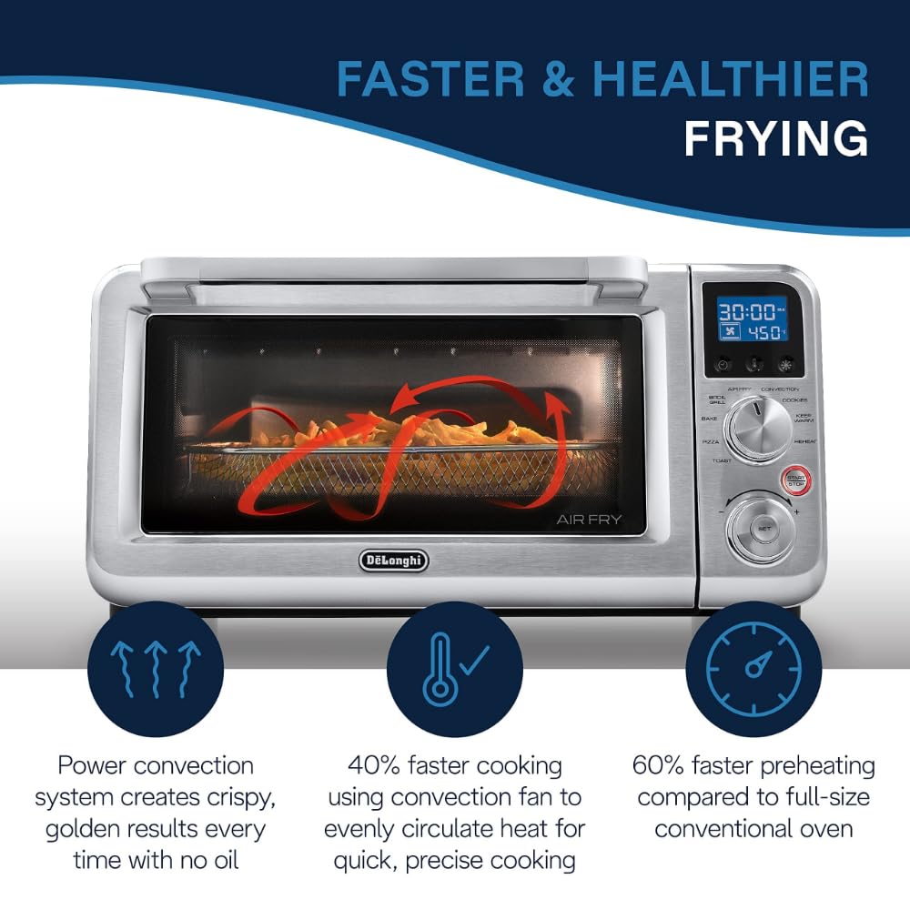 De'Longhi Air Fry Oven, Premium 9-In-1 Digital Air Fry Convection Toaster Oven, Grills, Broils, Bakes, Roasts, Keep Warm, Reheat