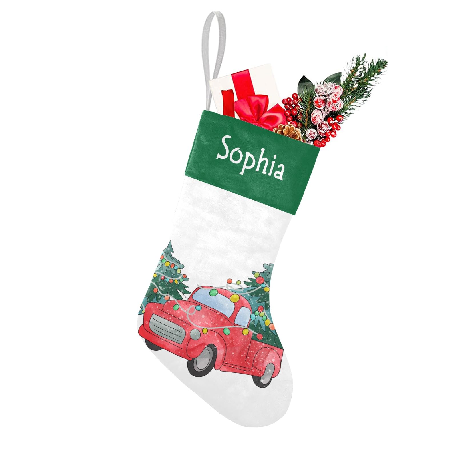 Christmas Truck Christmas Stockings Custom Name Party Family Decor Festive Santa Candy Gift Bag Socks 17.52 x 7.87 Inch