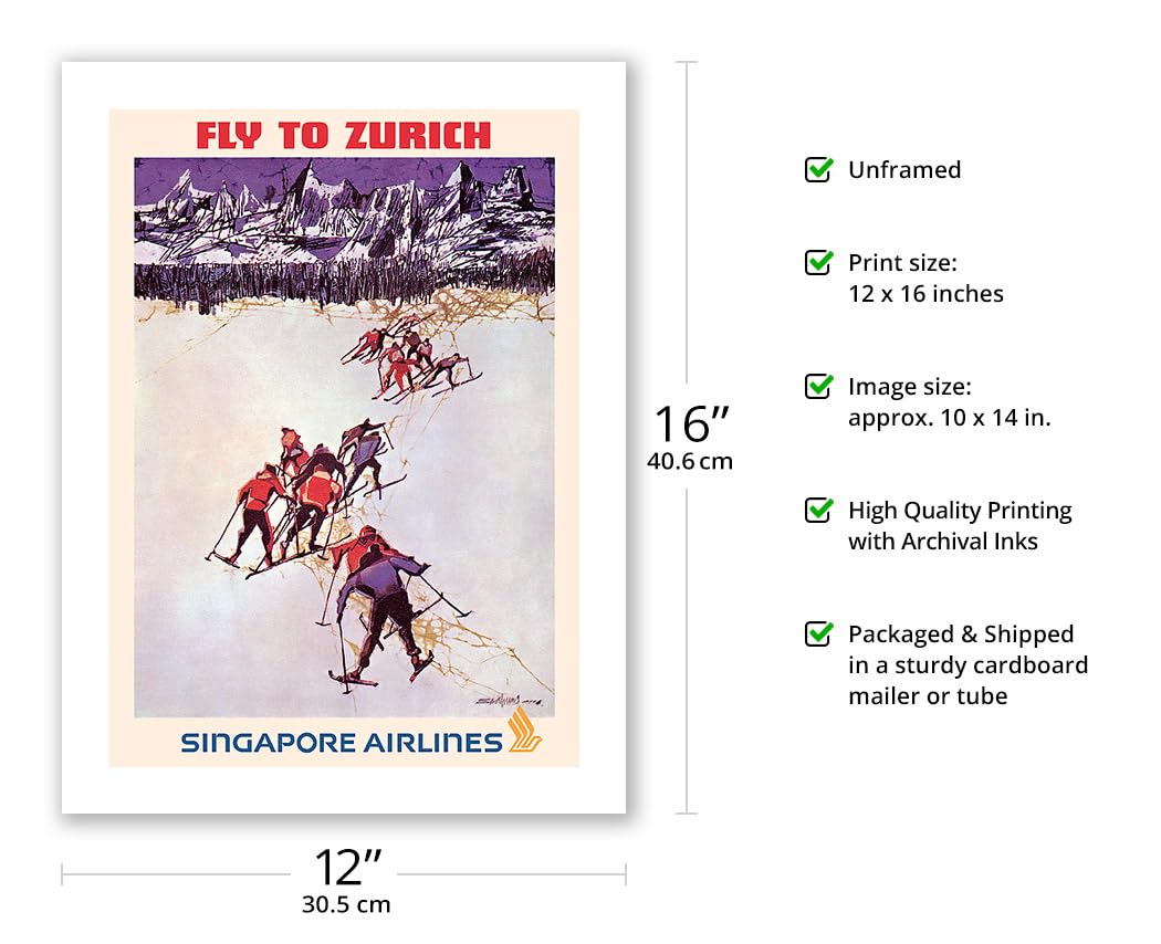 Fly To Zurich Switzerland - Skiing - Singapore Airlines - Vintage Airline Travel Poster By Seah Kim Joo C.1960S - Bamboo Fine Ar