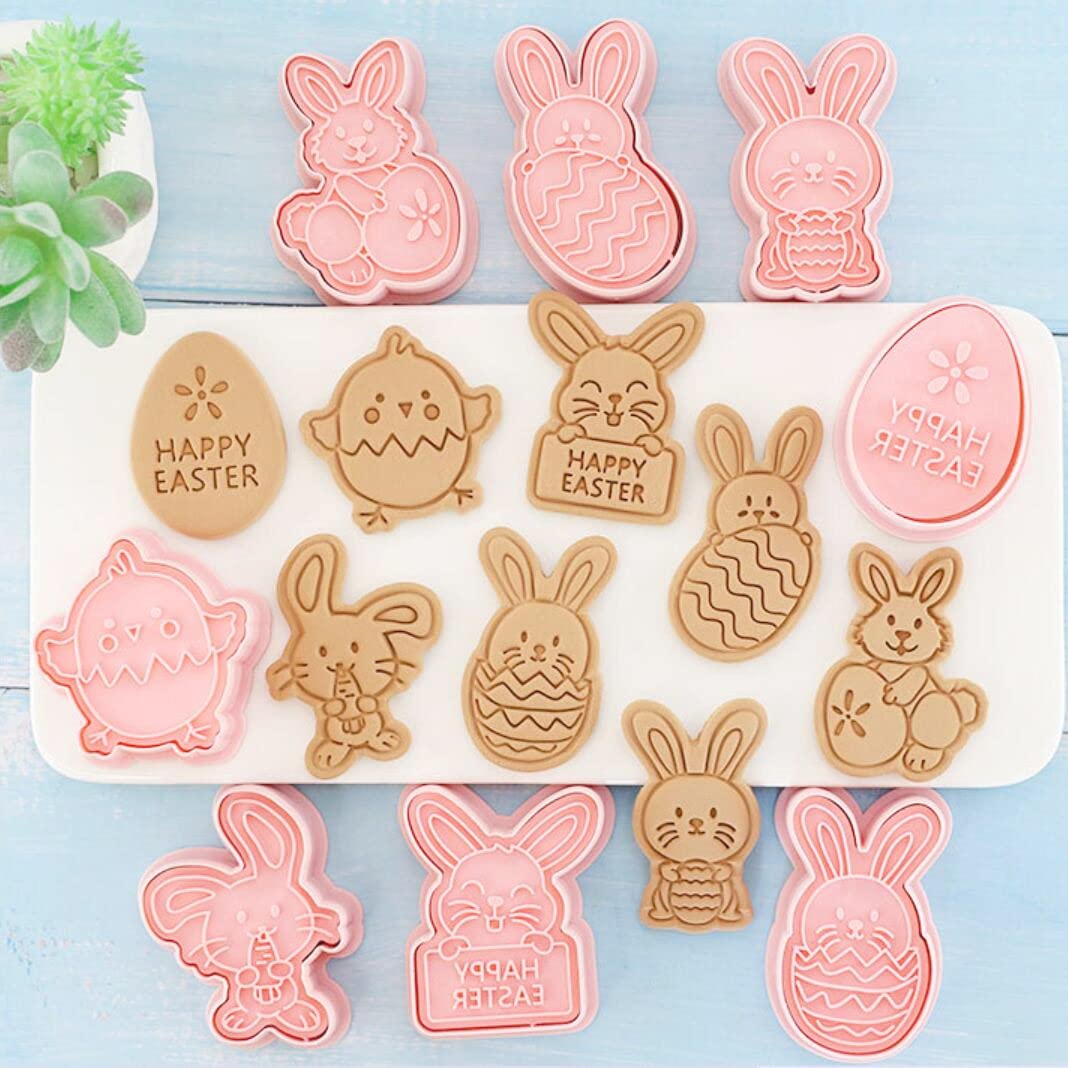 8 Pieces Cute Easter Cookie Stamps Easter Egg Cookie Cutters Plastic Cookie Stamps Cookie Mould Press Rabbit Cookie Mould Set Ba