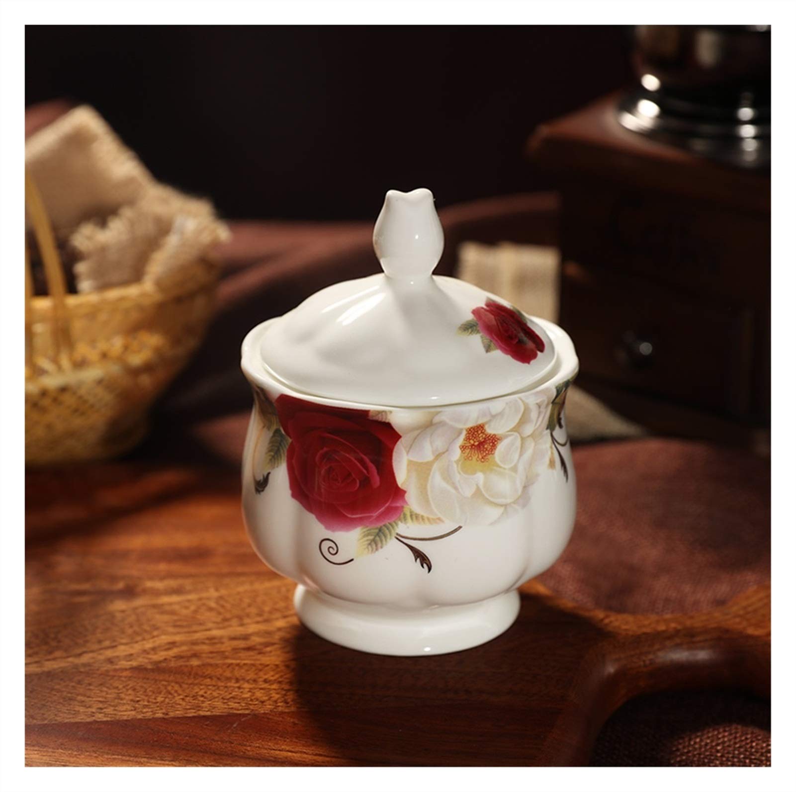 Bxzpzplj Sugar Bowl Sugar Bowl with Lid Phnom Penh Simple Ceramic Sugar Bowl Retro Coffee Sugar Bowl White Granulated Sugar Bowl