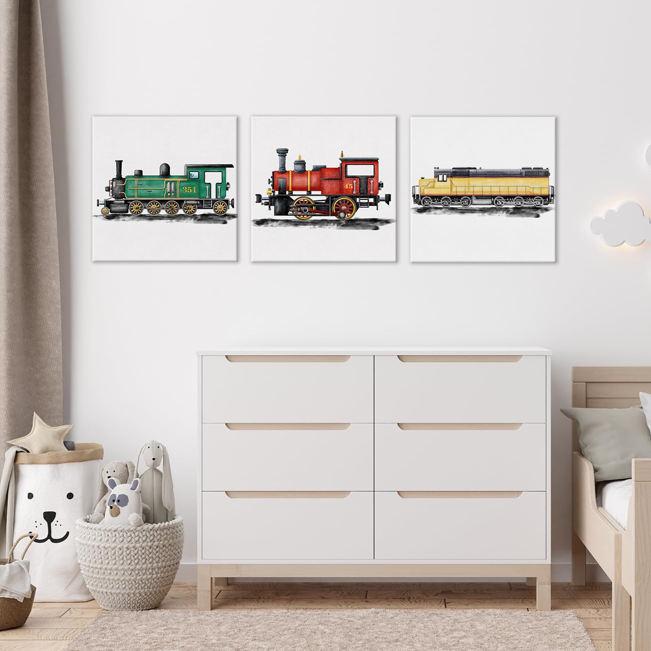 Set Of 3 Steam Train Nursery Vehicle Art Canvas Wall Art Framed Paintings Prints Watercolor Steam Locomotive Canvas Wall Decor F