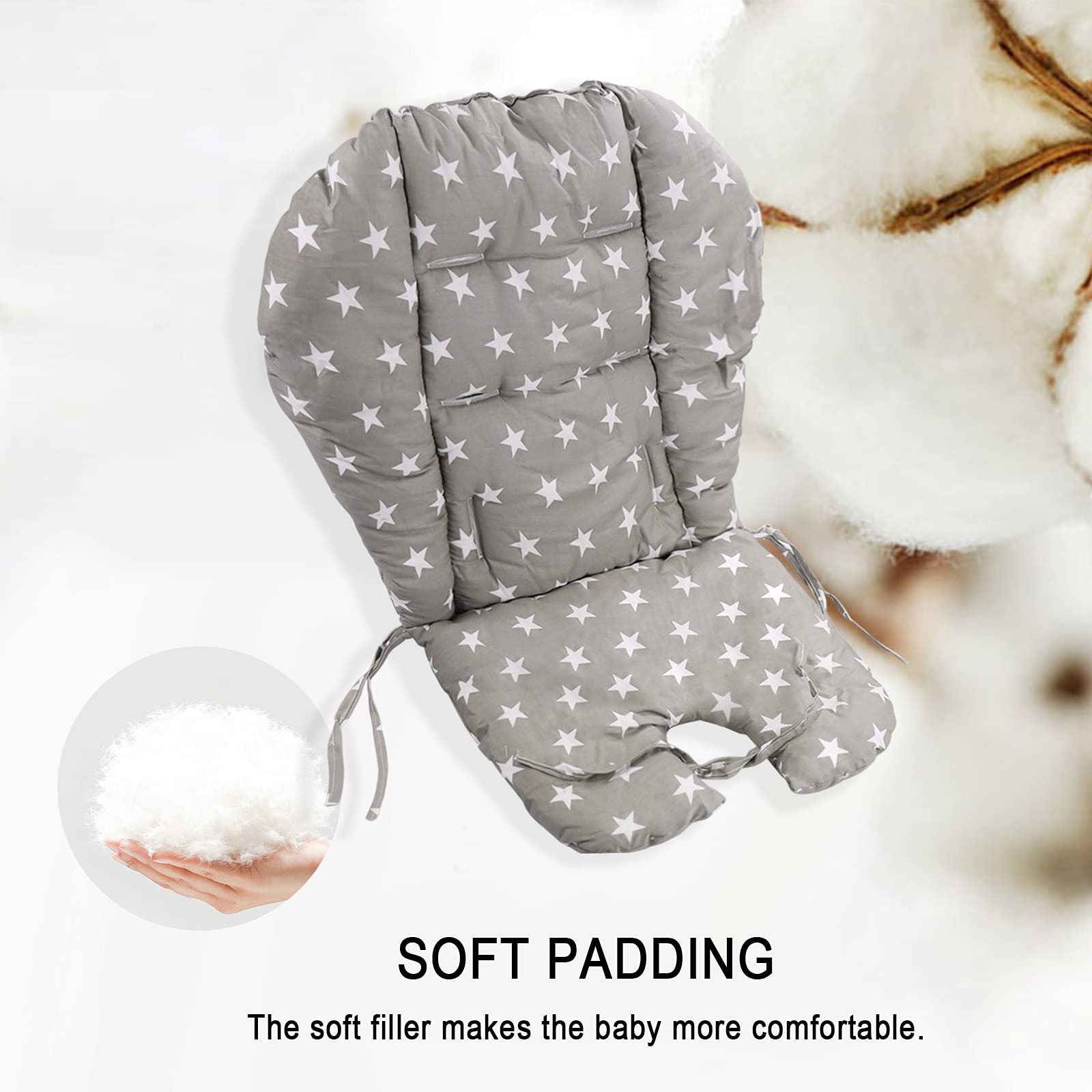 Kocpudu High Chair Pad - Soft Cotton Cushion, 1 Count, Gray Stars Pattern, Comfortable and Breathable for Baby Dining Chairs