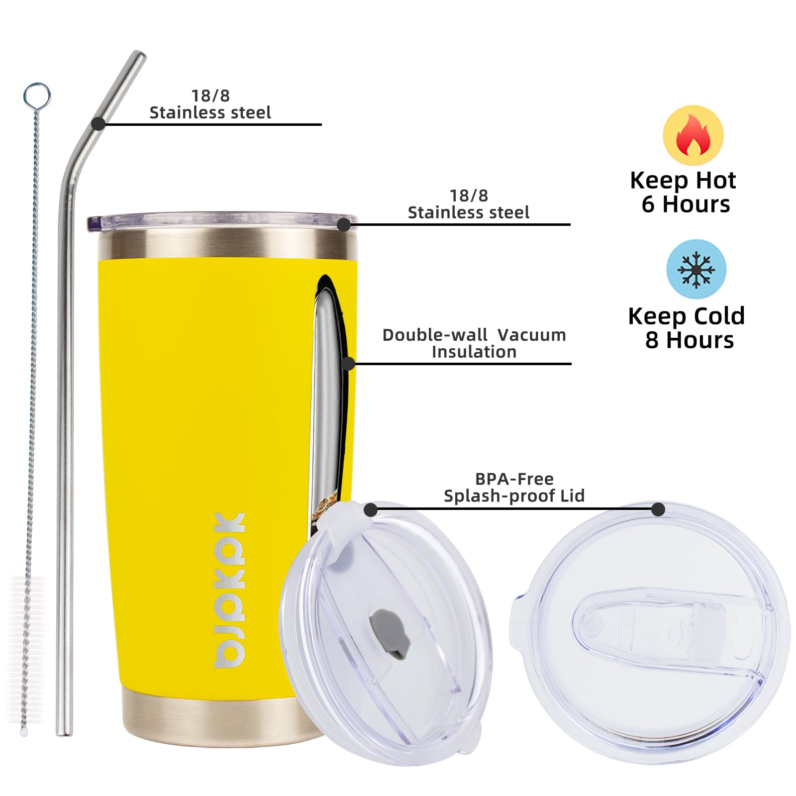 Bjpkpk 20 Oz Insulated Tumbler With Lid And Straw Stainless Steel Coffee Mug Tumbler Cups,Yellow