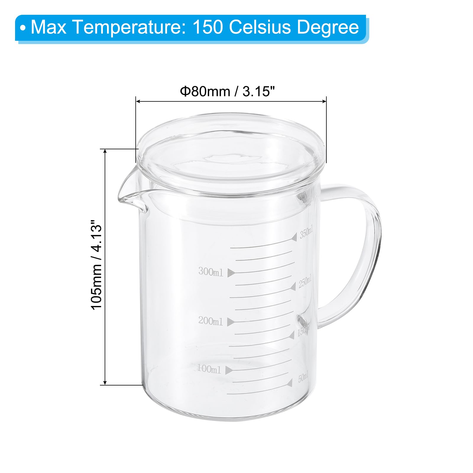Patikil 350Ml Glass Measuring Cup, 3.3 Borosilicate Glass Graduated White Printed Scale Liquid Measure Cups Beaker With Glass Li