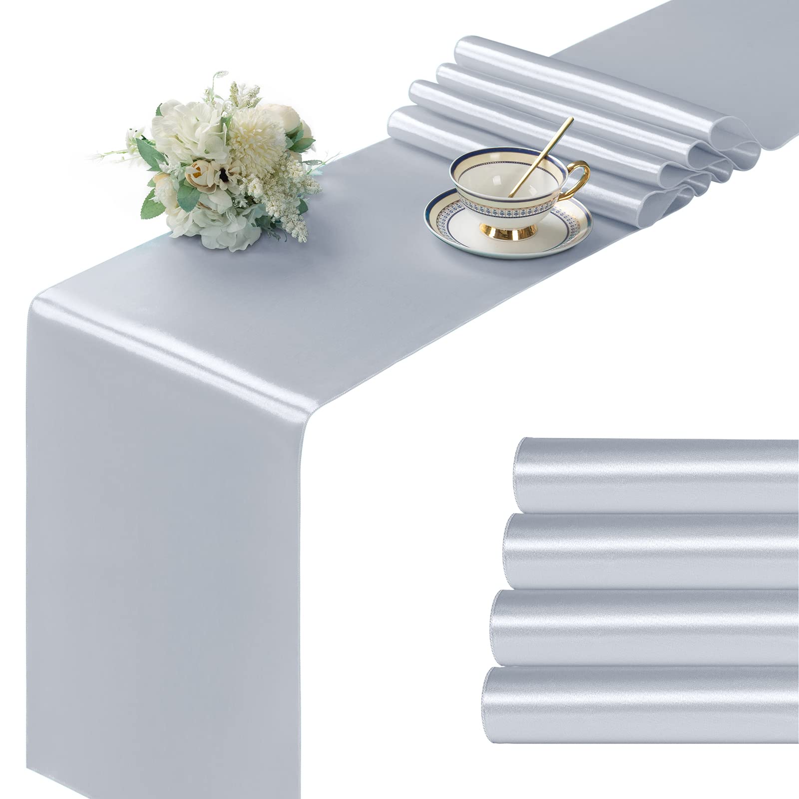 Manyshofu 4Pcs Satin Grey Table Runner - 12 X 72 Inch Long Size, Party Table Runner Decor Bright & Smooth Wedding Decorations Ta