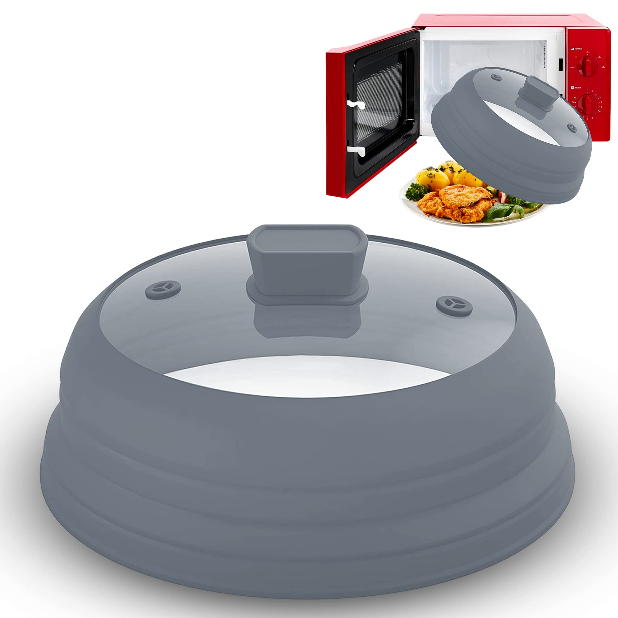 Magnetic Microwave Cover for Food  Collapsible Microwave Splatter Cover for Plate & Bowl  Tempered Glass Top, FoodGrade Silic