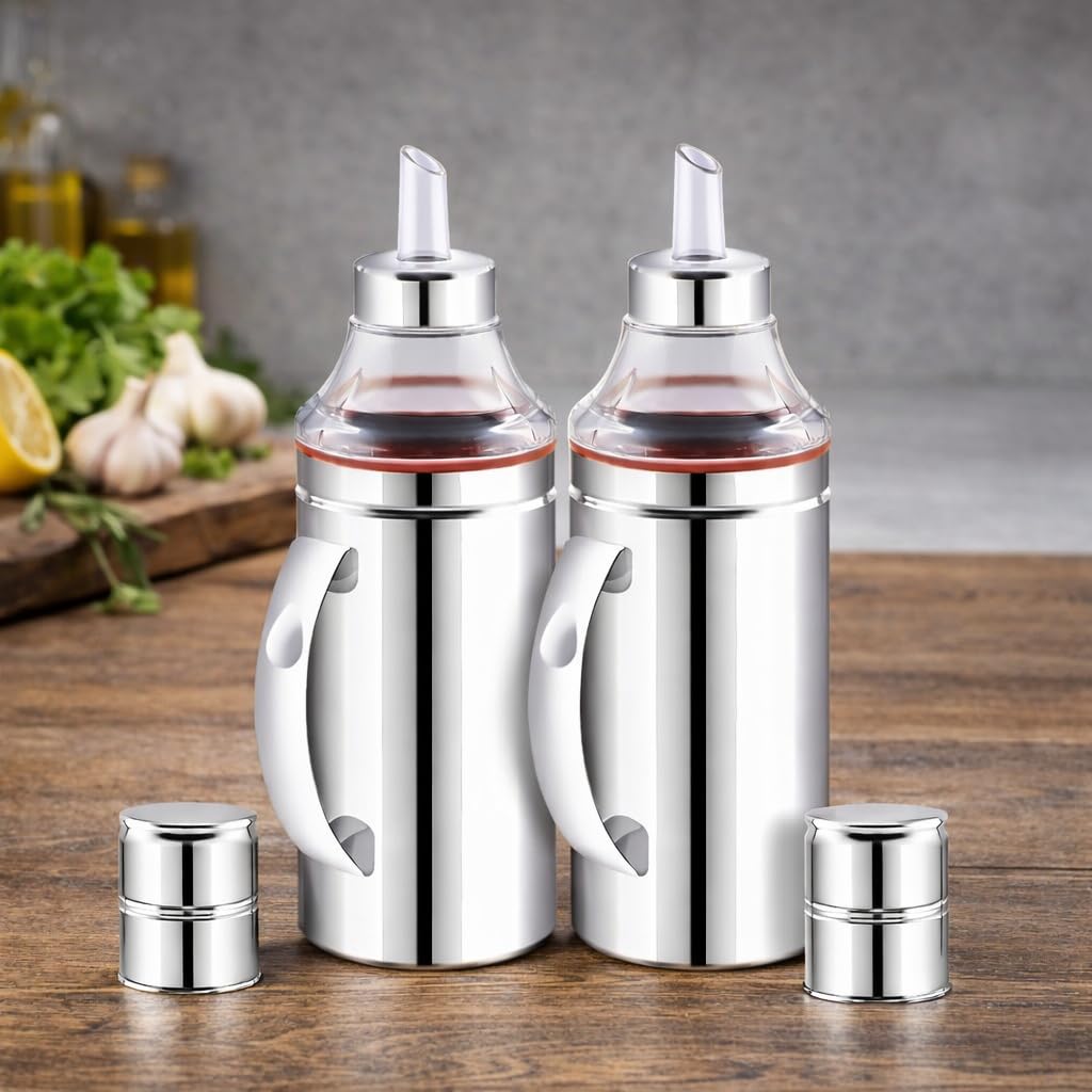 Smartmaison Stainless Steel Oil Dispenser Bottle With Nozzle 1 Litre 1000 Ml (Pack Of 2)