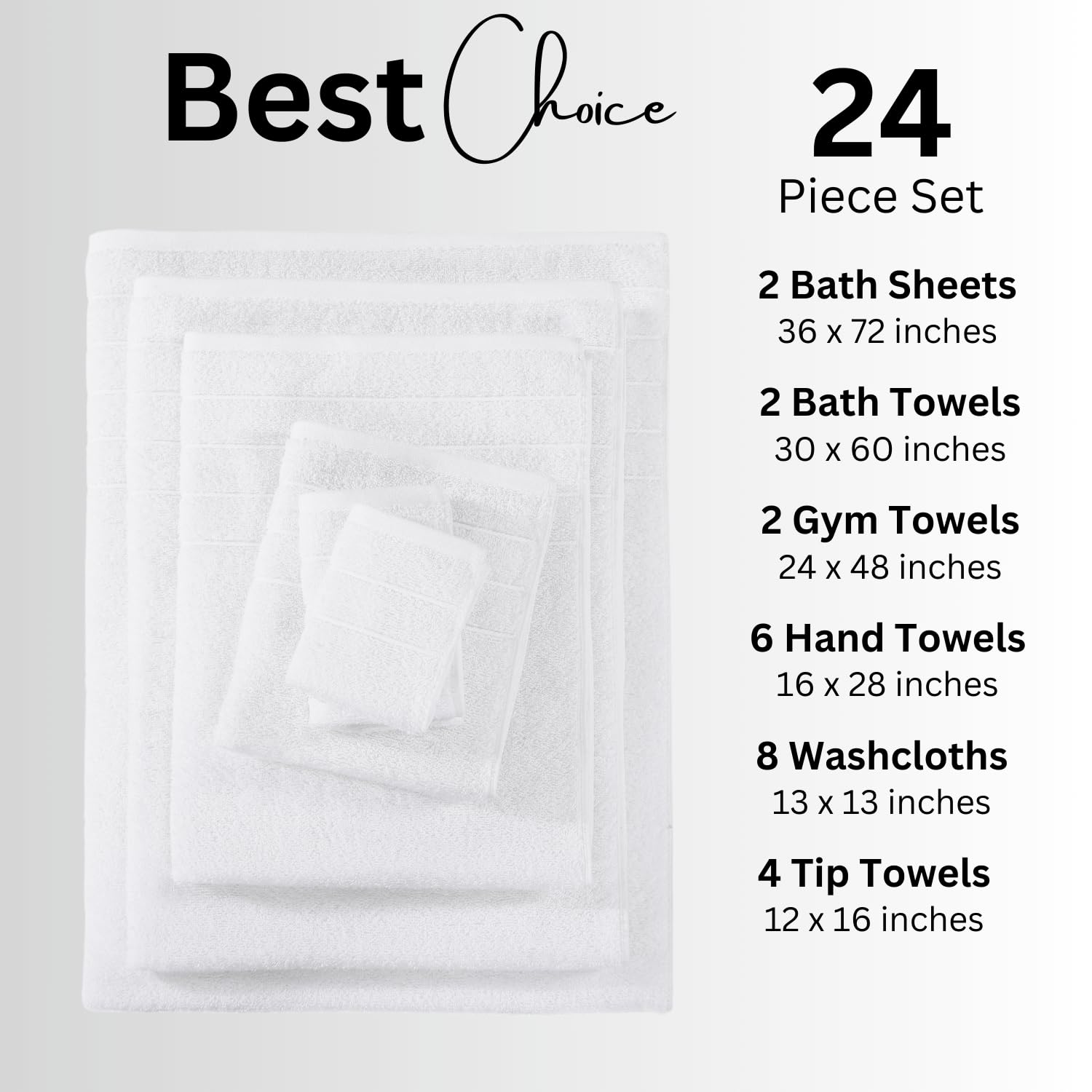 Casa Platino 24 Piece 100% Cotton White Towels Set For Bathroom, 2 Bath Sheets, 2 Large Bath Towels(30''X 60''), 2 Gym Towels (2