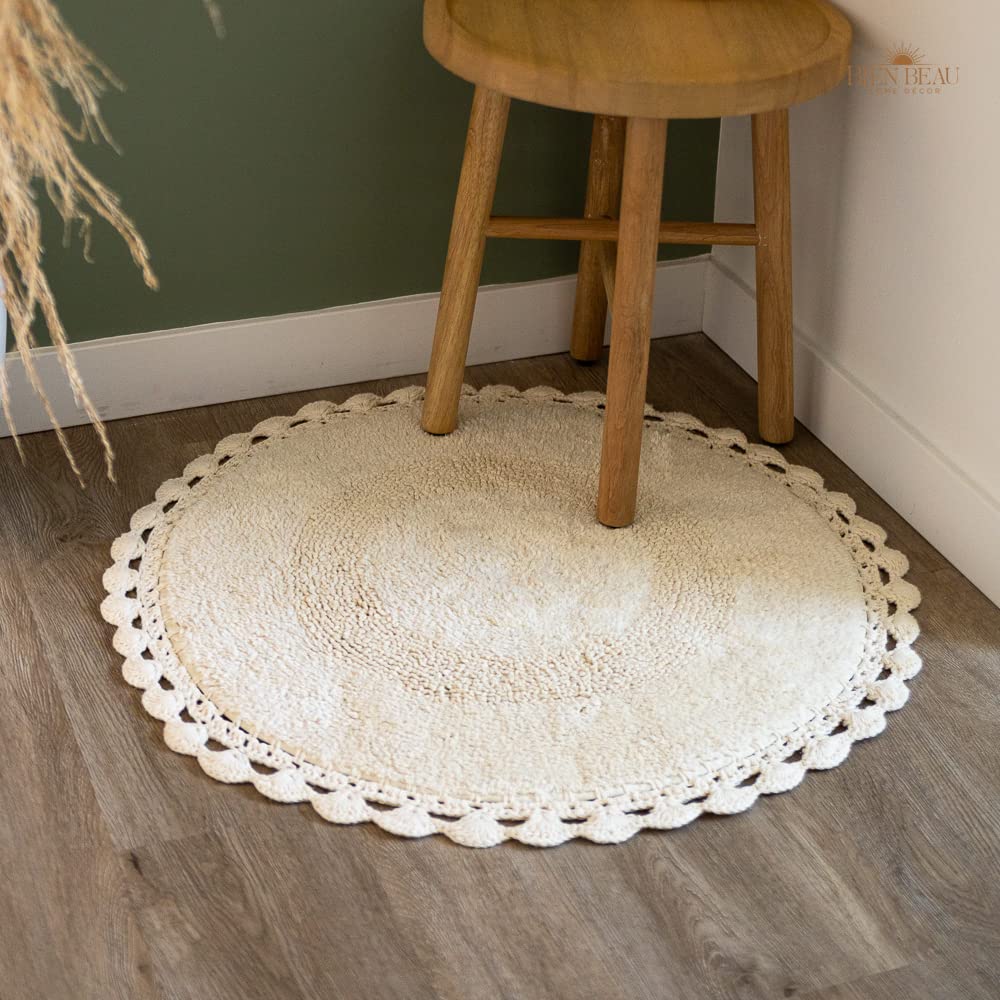 BIEN BEAU Round Bohemian Bathroom Rug with Crochet Contour. Beautifully Handcrafted 100% Cotton  Round Boho Bedroom Rug - Boho Bathroom Decor - Slip Resistant Backing. Neutral Cream 30'' Diameter