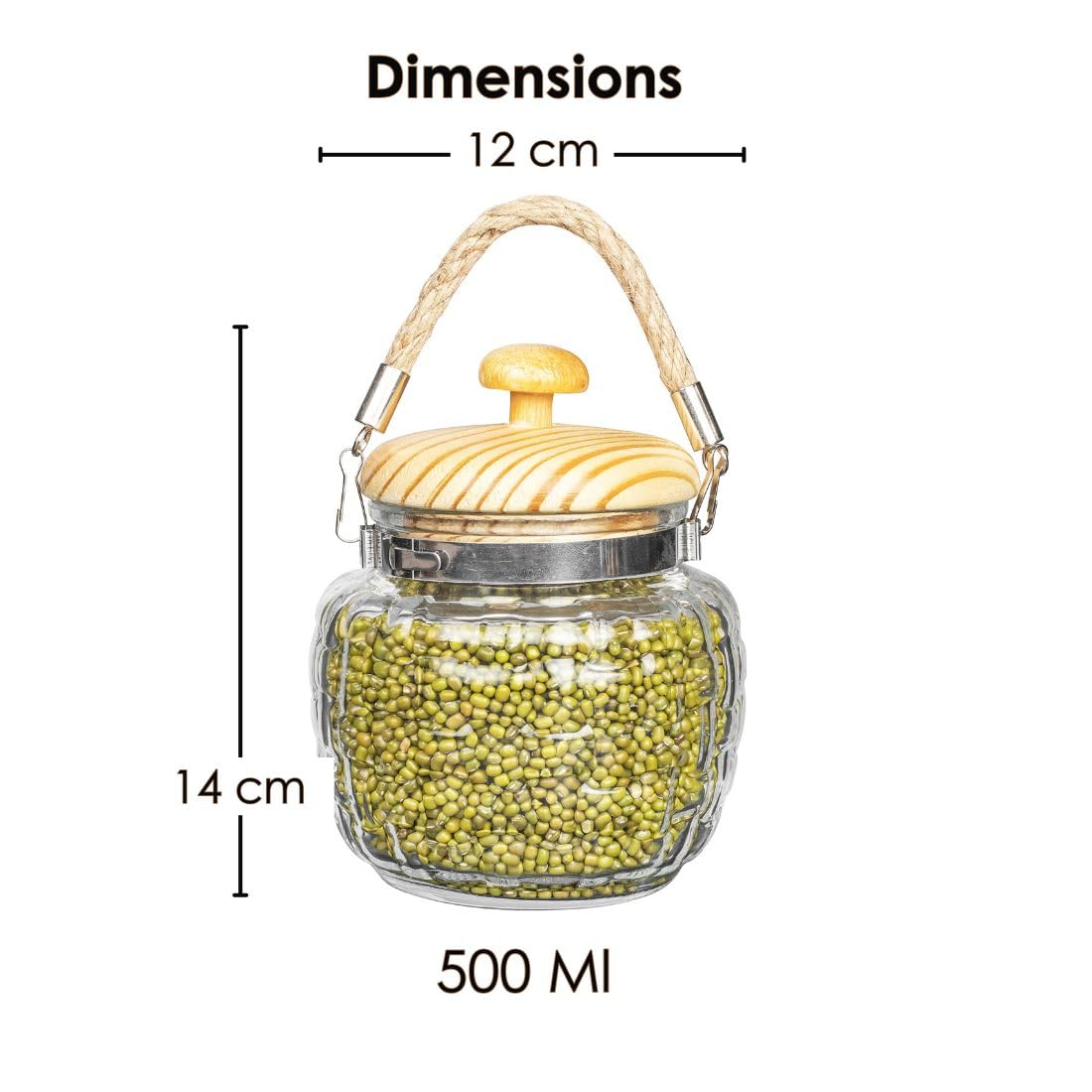 Femora Kitchen Storage Jars Embossed Glass Jar With Wooden Lid & Jute Chain Air Tight Jar, 500 ML, Pack of 6