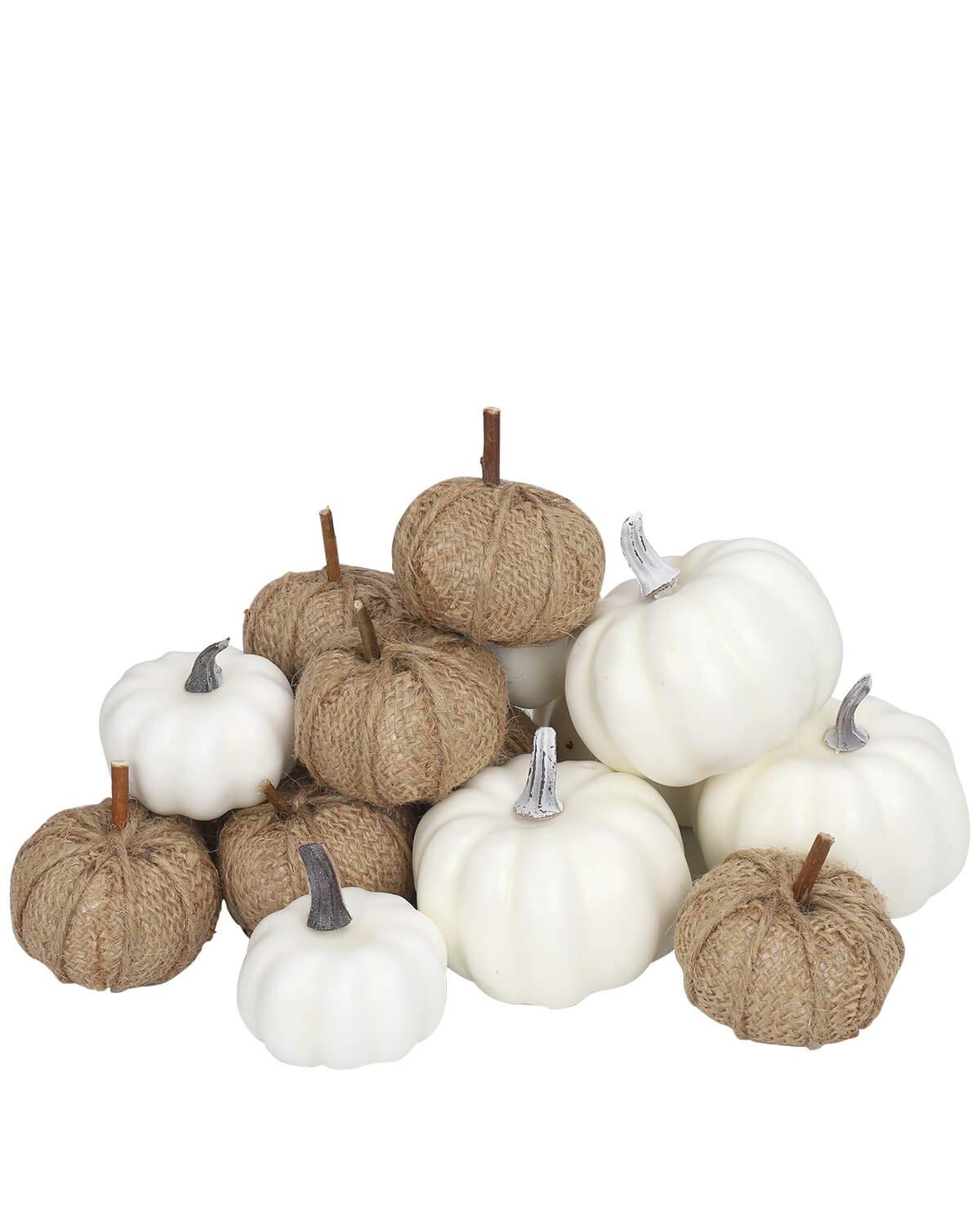 Fabric and White Pumpkins Assorted Size - 16PCS Burlap for Rustic Fall Decor, Perfect Halloween Thanksgiving Decoration Wedding