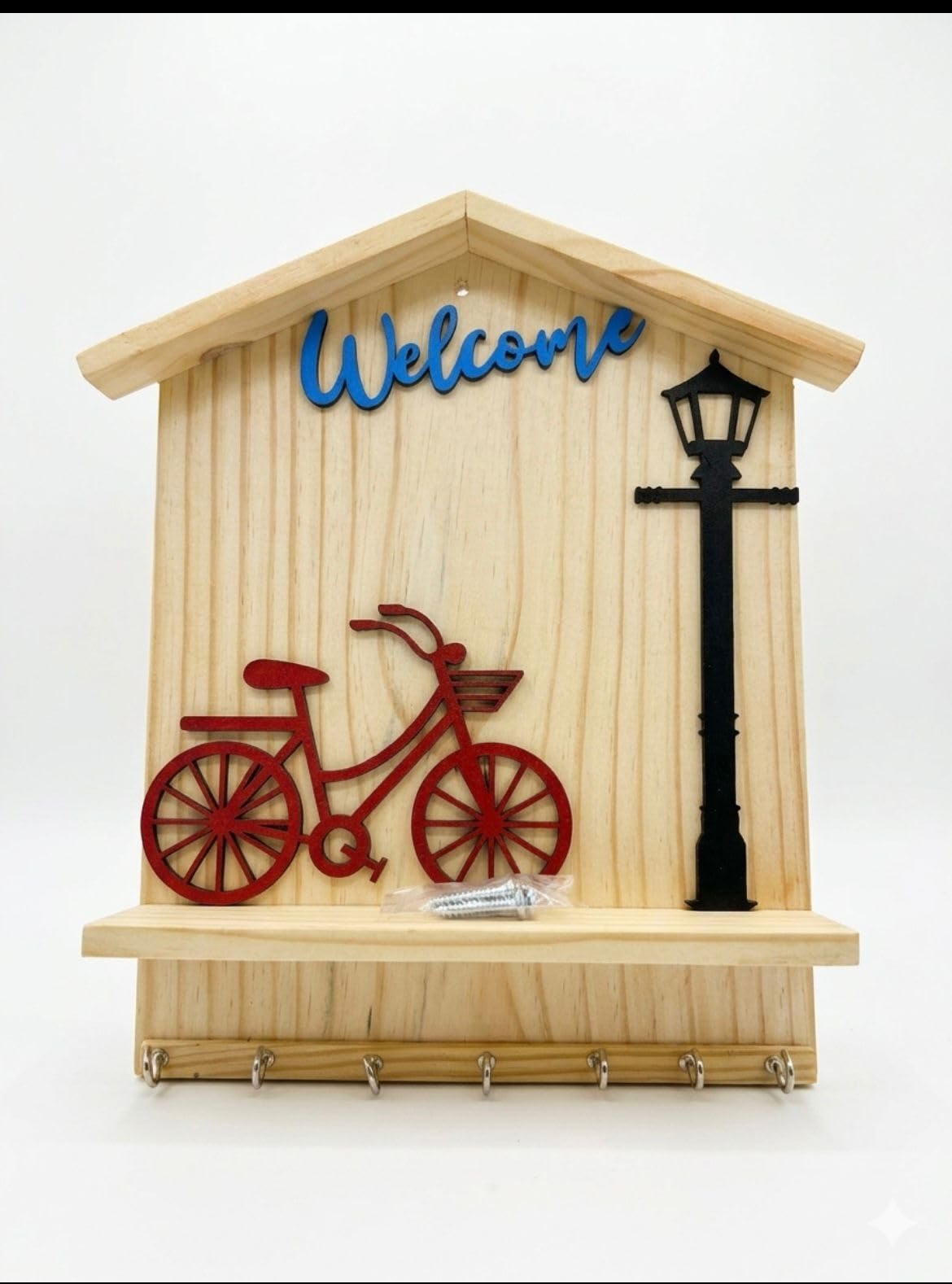 Wooden Welcome Key Holder for Wall with 7 Hooks | Decorative Pine Wood Wall Mounted Key Hanger Organizer with Shelf | Bicycle De